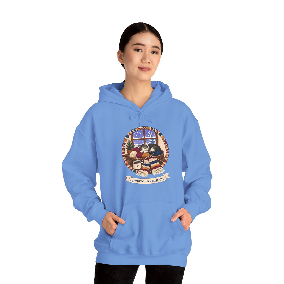 Snowed In Cast On Hoodie, Cozy Knitting Cat Hooded Sweatshirt, Winter Knitter Gift, Yarn Lover Hoodie