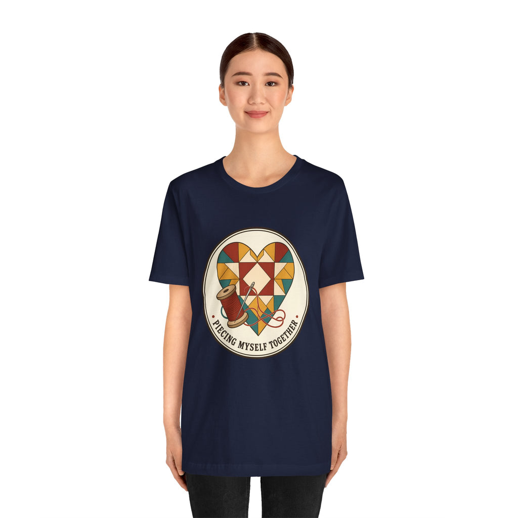 Piecing Myself Together Quilting Shirt, Quilt Heart Badge Tee, Retro Quilter Gift, Patchwork Tote Bag