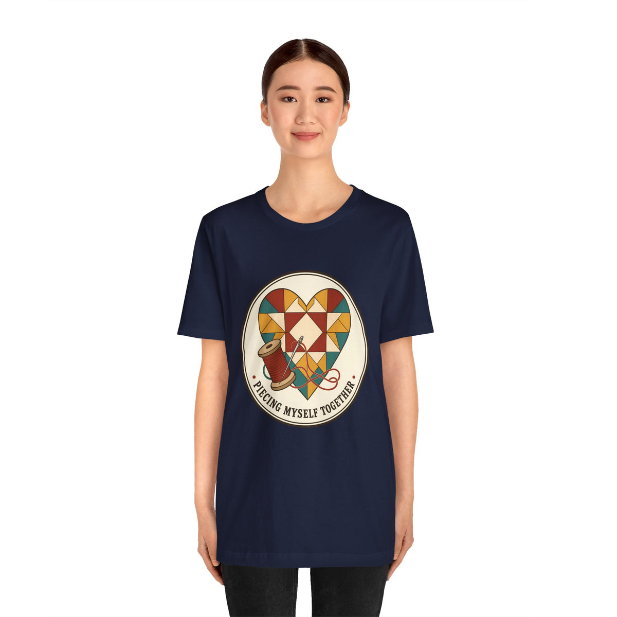 Piecing Myself Together Quilting Shirt, Quilt Heart Badge Tee, Retro Quilter Gift, Patchwork Tote Bag