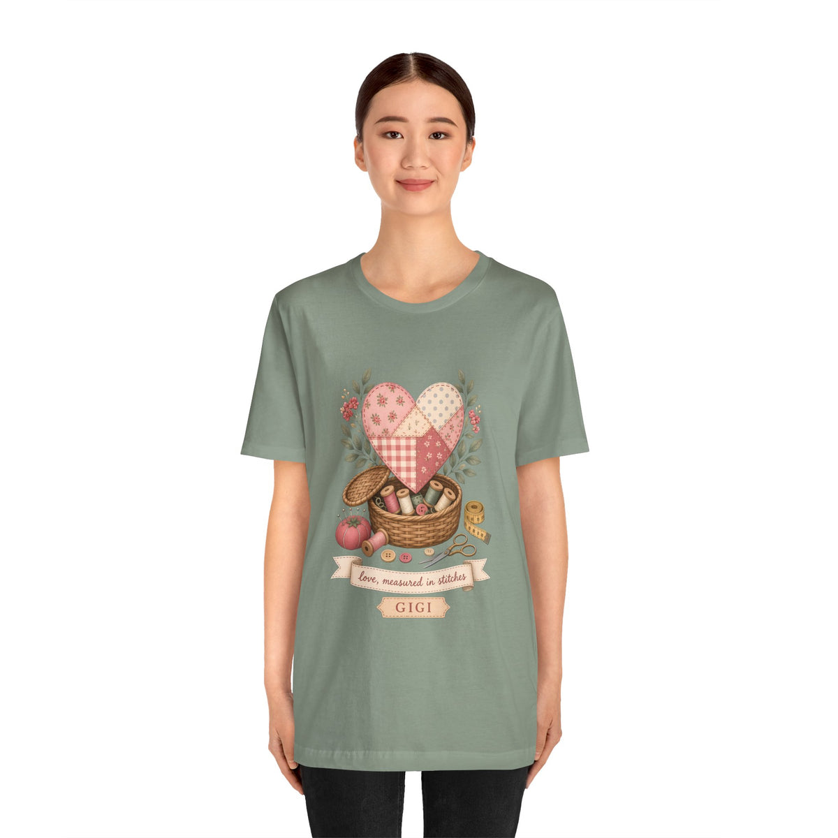 Love Measured in Stitches Gigi Shirt, Sewing Grandma Gift, Personalized Quilting Nana Tee or Tote, Mothers Day Gift