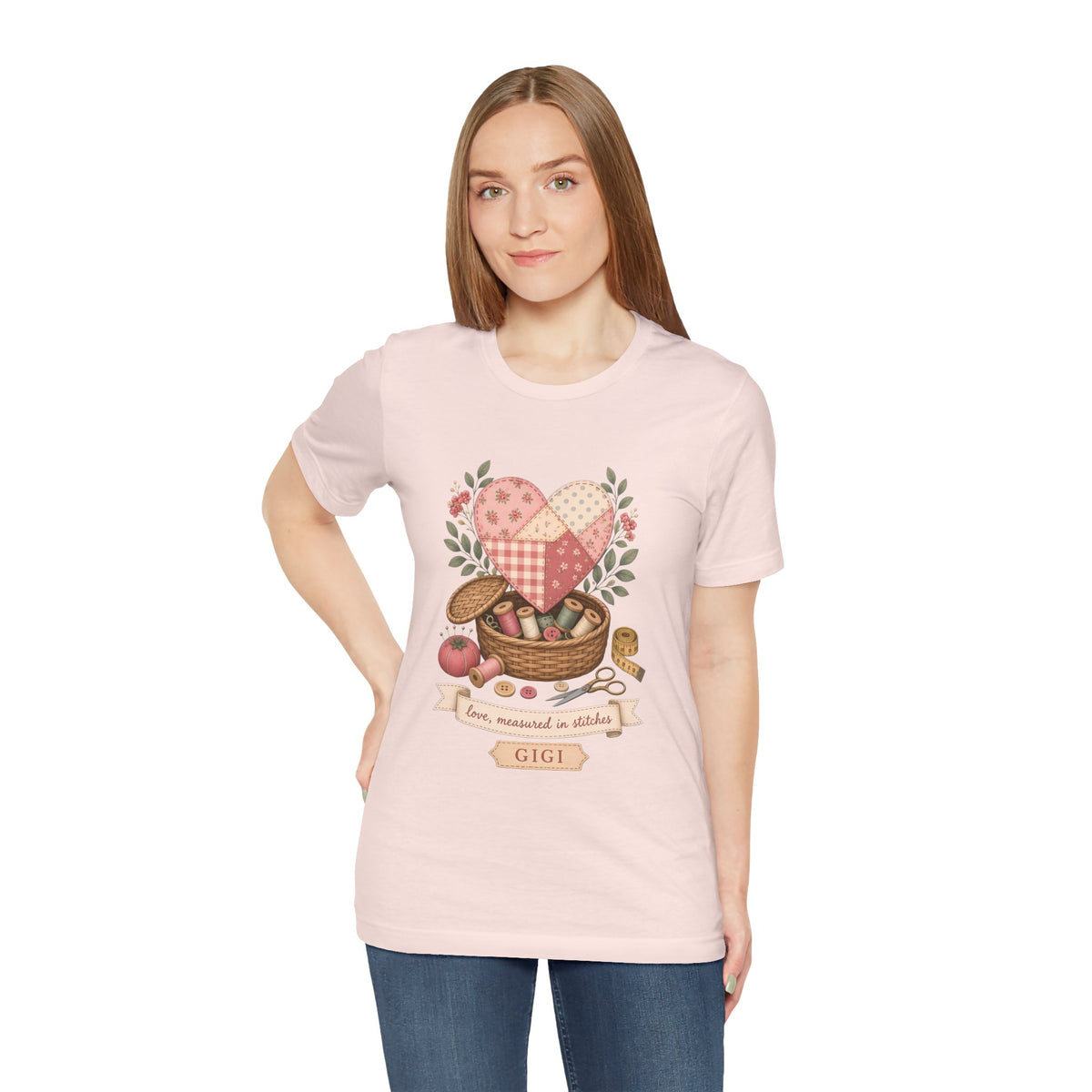 Love Measured in Stitches Gigi Shirt, Sewing Grandma Gift, Personalized Quilting Nana Tee or Tote, Mothers Day Gift