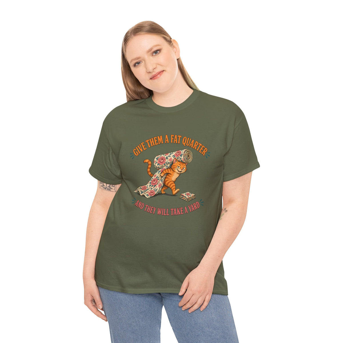 Give Them a Fat Quarter They Will Take a Yard Plus Size Tee up to 5XL, Funny Cat Quilting Shirt, Quilter Gift