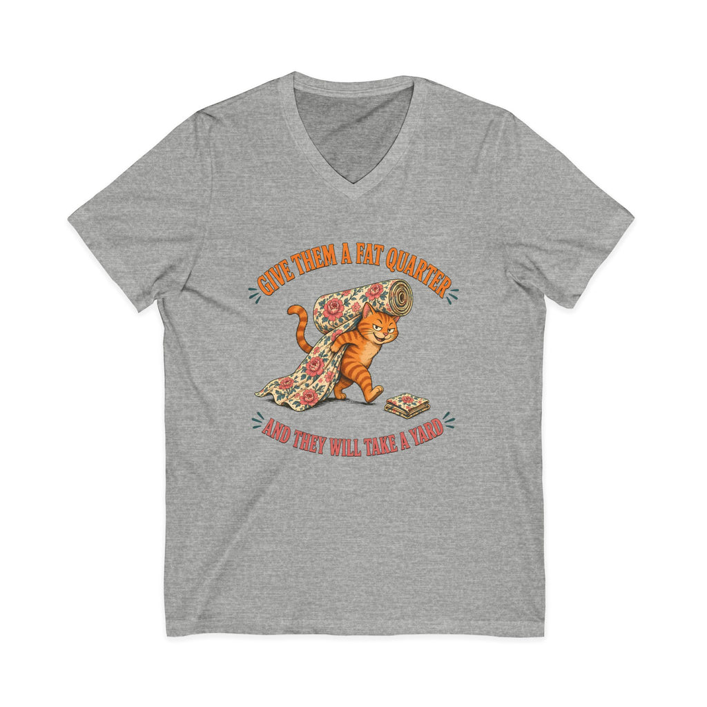 Give Them a Fat Quarter They Will Take a Yard V-Neck Shirt, Funny Cat Quilting Tee, Fabric Thief Cat Tote, Quilter Gift