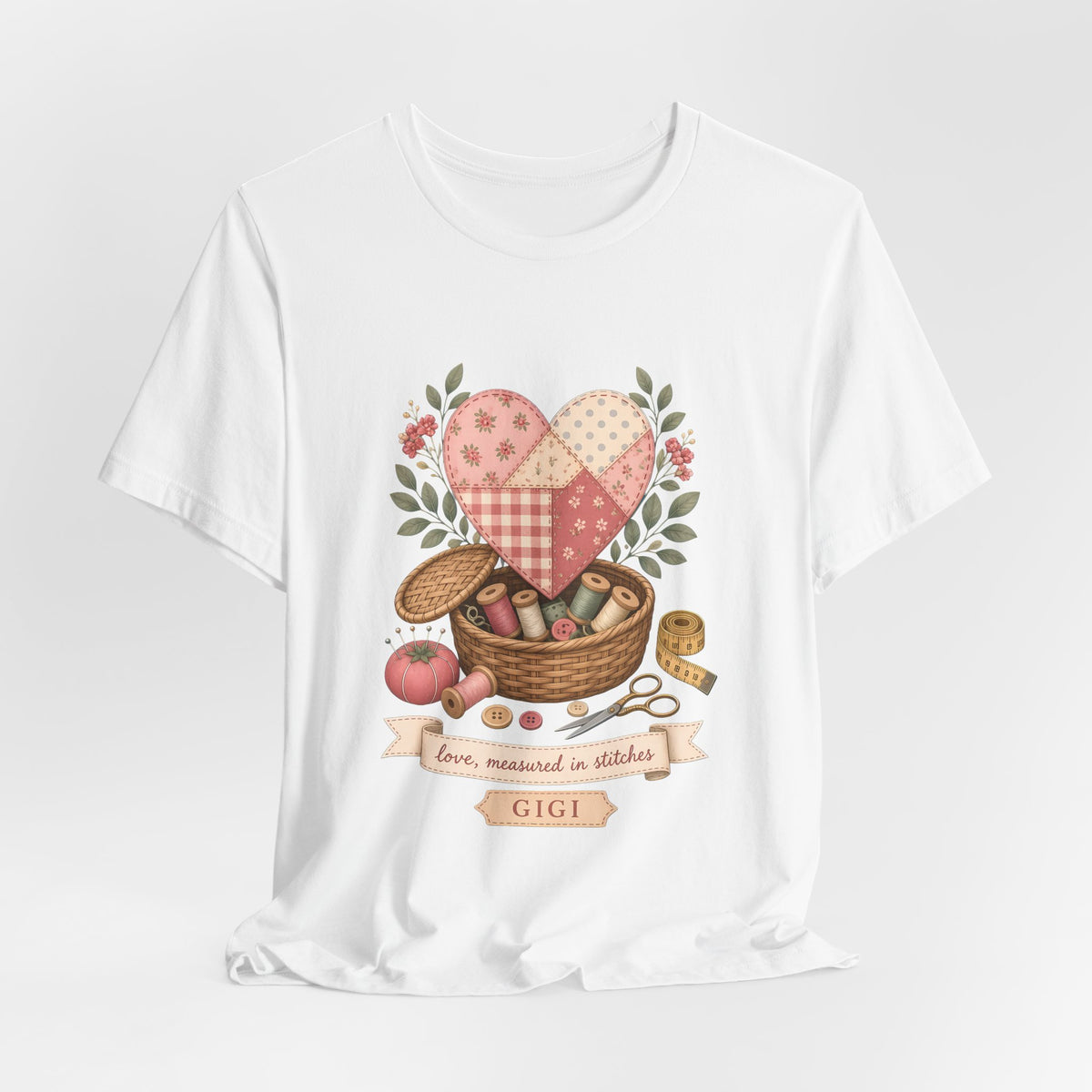 Love Measured in Stitches Gigi Shirt, Sewing Grandma Gift, Personalized Quilting Nana Tee or Tote, Mothers Day Gift