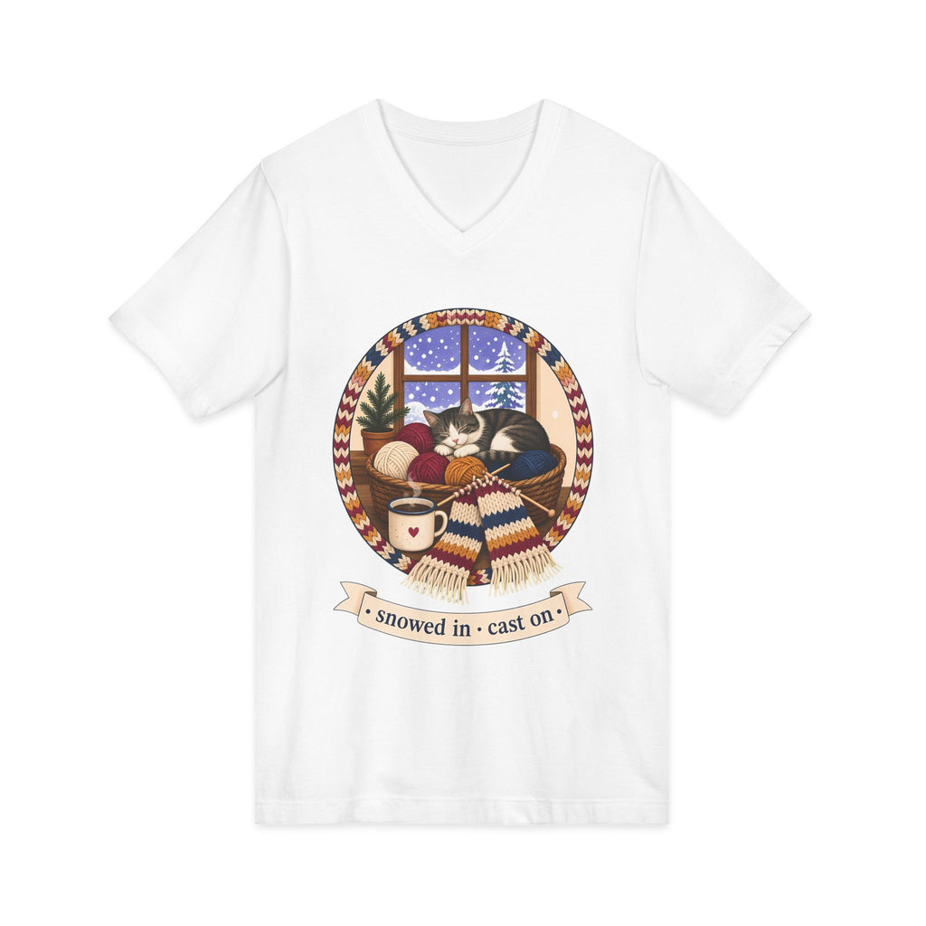 Snowed In Cast On V-Neck Tee, Cozy Knitting Cat Shirt, Winter Knitter Gift, Yarn Lover Gift or Project Tote