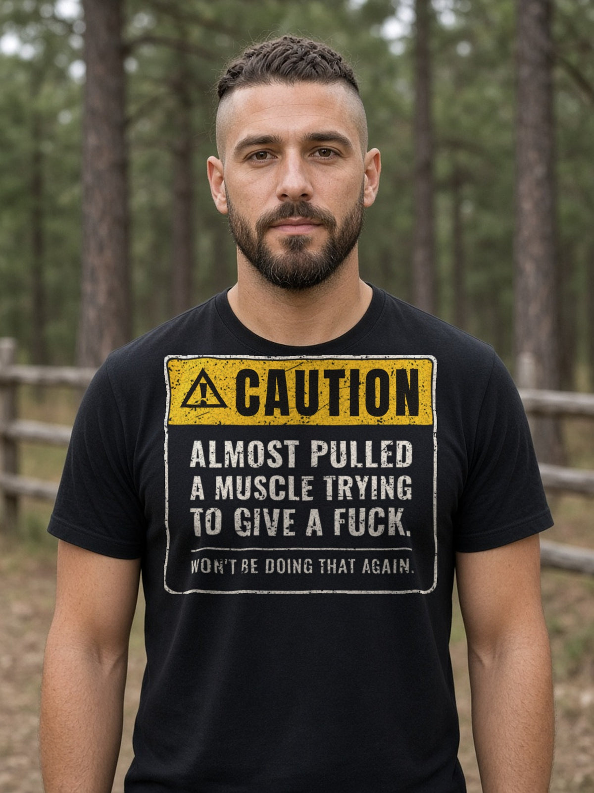 Almost Pulled a Muscle Tee – Caution - Black (men's)