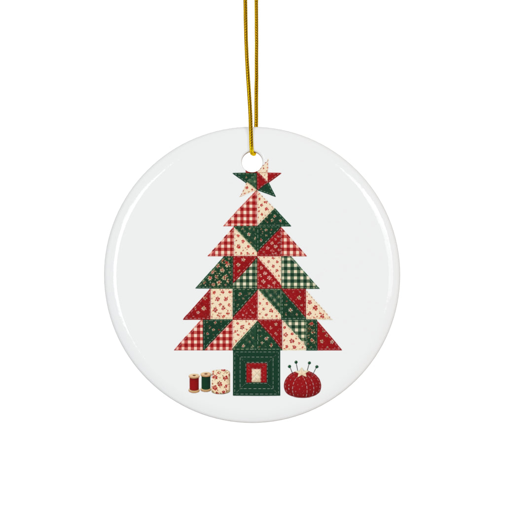 Quilt Block Christmas Tree Ornament, Patchwork Quilter Holiday Gift, Ceramic Christmas Tree Ornament for Quilters and Sewists