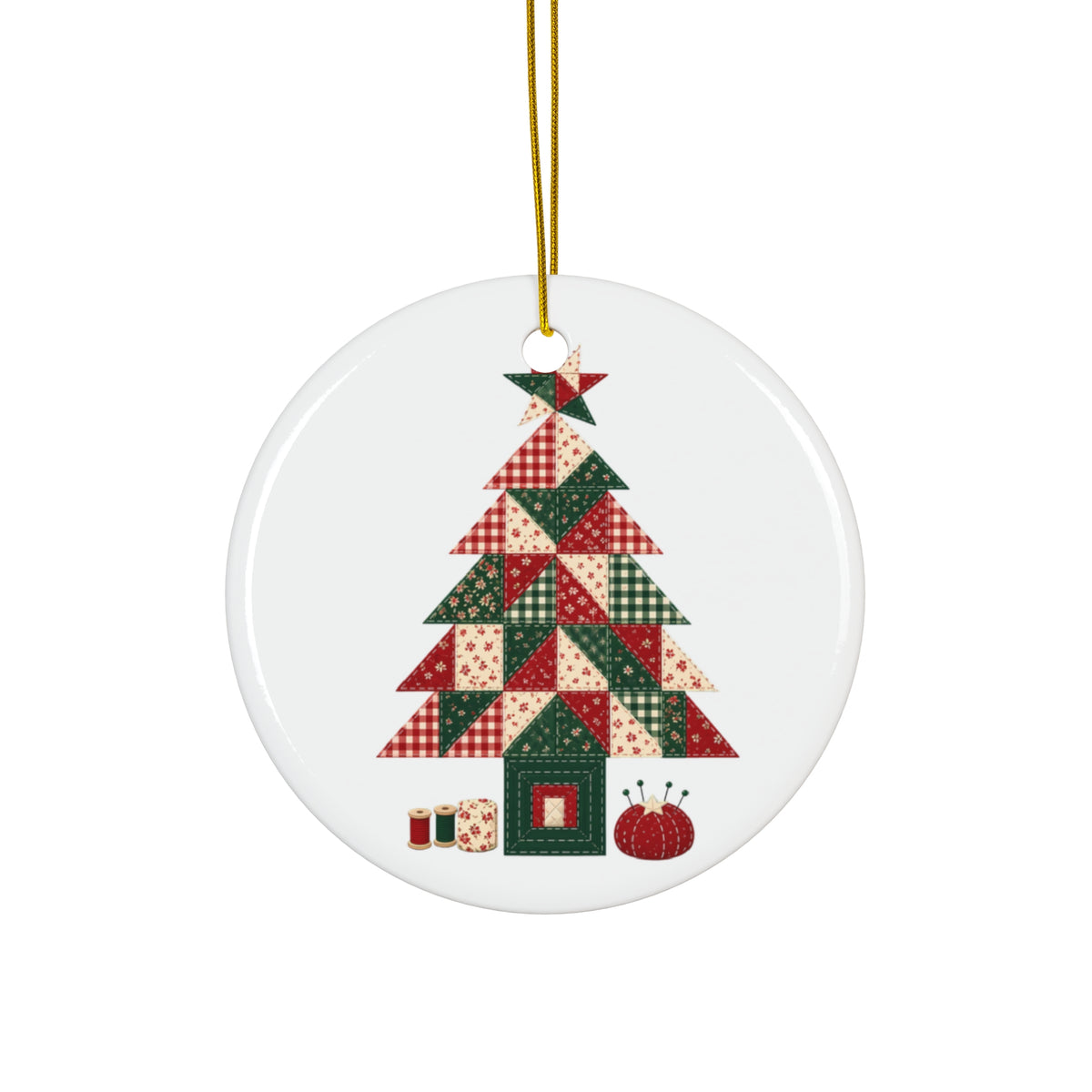 Quilt Block Christmas Tree Ornament, Patchwork Quilter Holiday Gift, Ceramic Christmas Tree Ornament for Quilters and Sewists