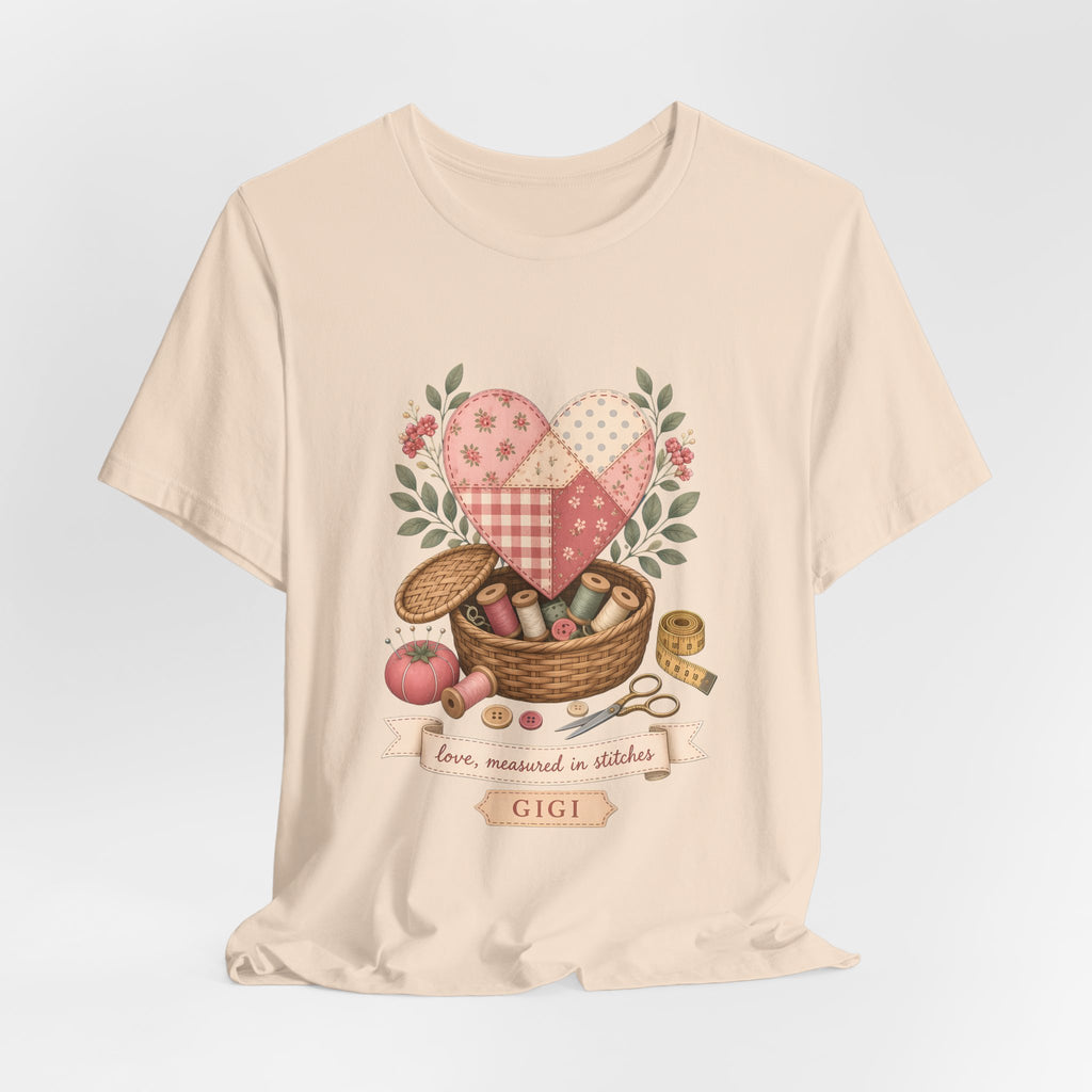 Love Measured in Stitches Gigi Shirt, Sewing Grandma Gift, Personalized Quilting Nana Tee or Tote, Mothers Day Gift