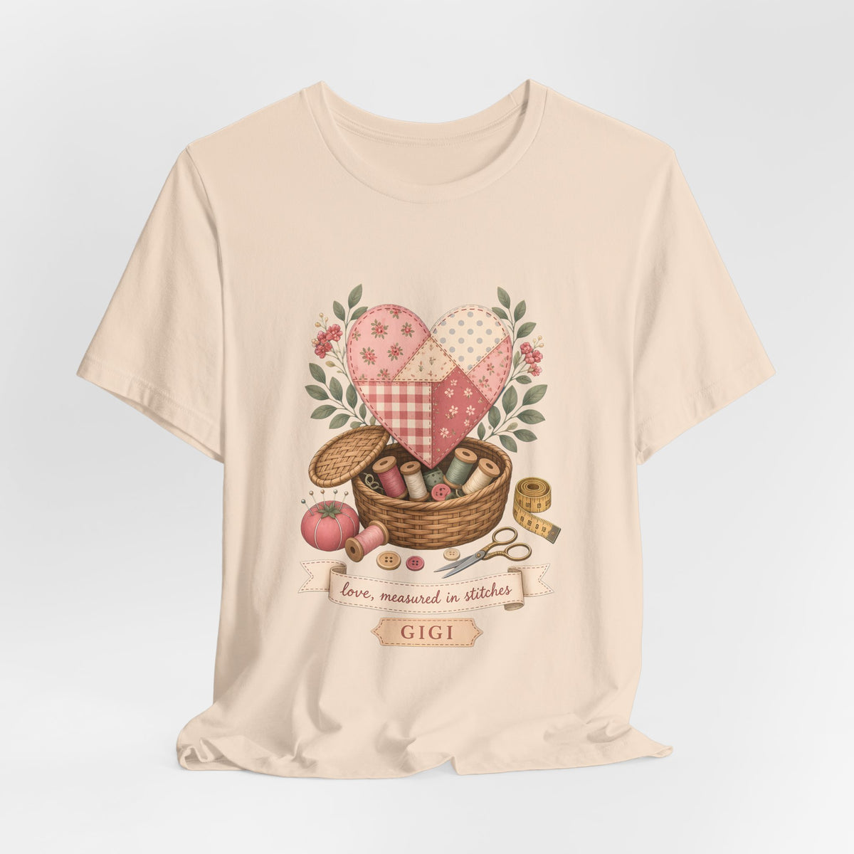 Love Measured in Stitches Gigi Shirt, Sewing Grandma Gift, Personalized Quilting Nana Tee or Tote, Mothers Day Gift