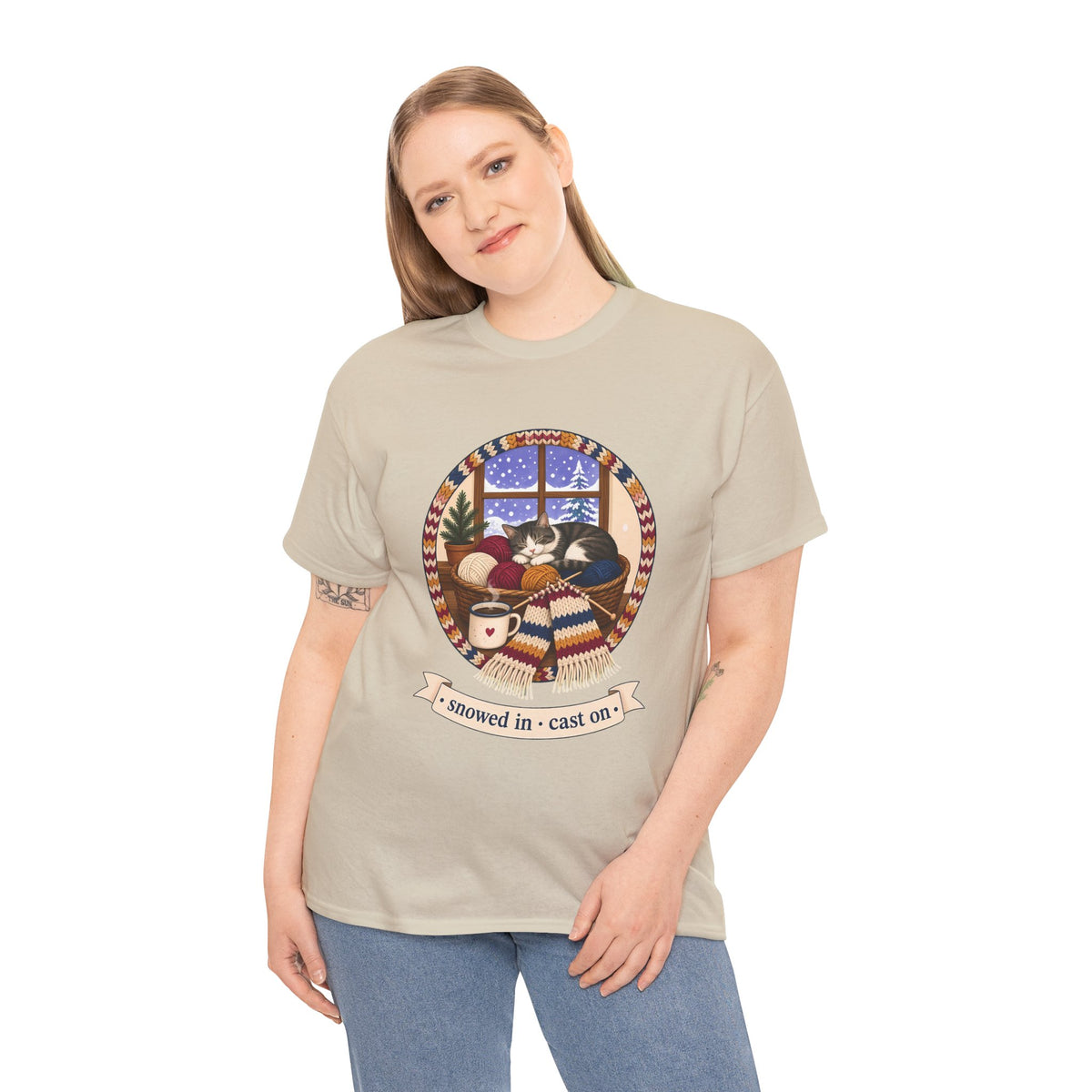 Snowed In Cast On Plus Size Tee up to 5XL, Cozy Knitting Cat Shirt, Winter Knitter Gift, Yarn Lover Gift