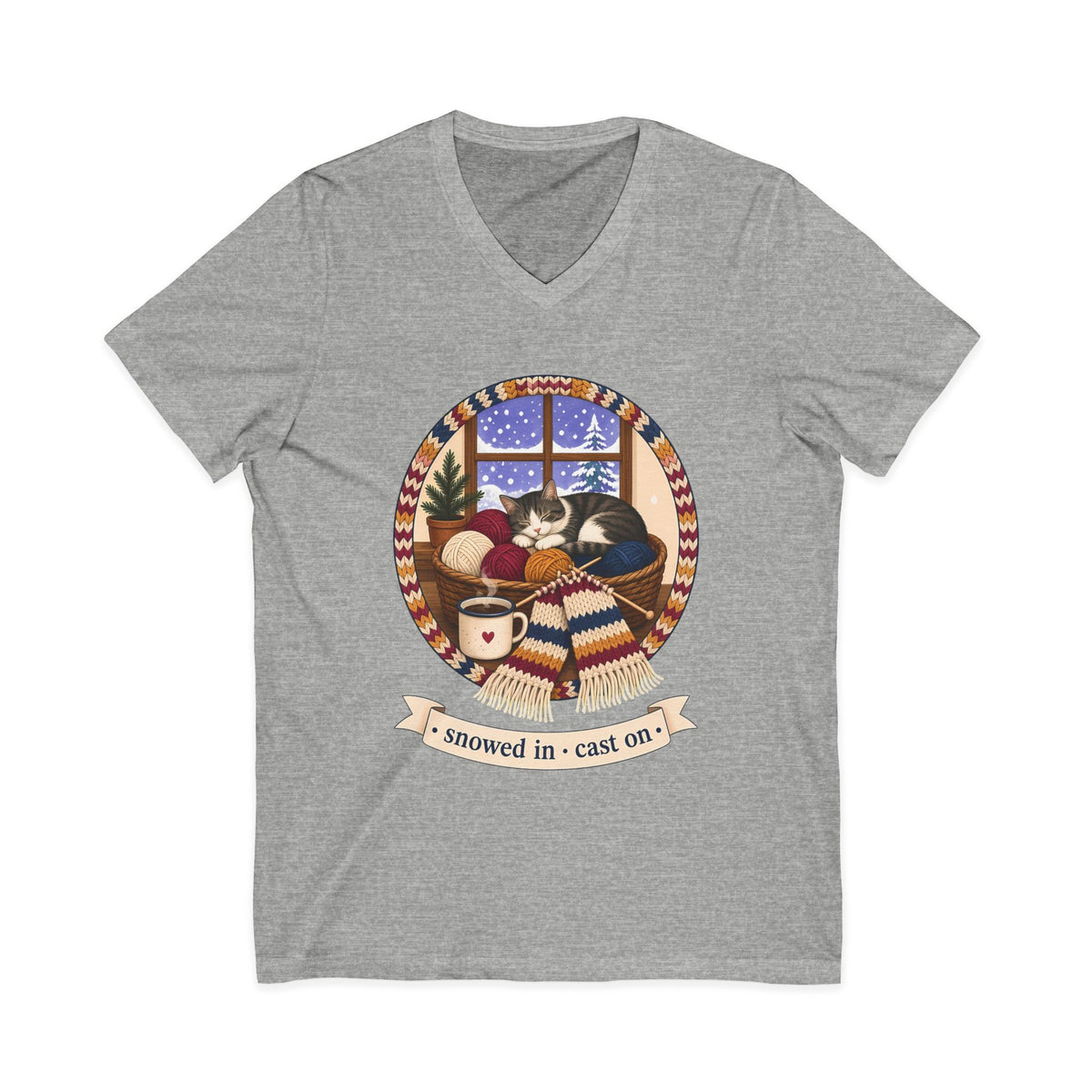 Snowed In Cast On V-Neck Tee, Cozy Knitting Cat Shirt, Winter Knitter Gift, Yarn Lover Gift or Project Tote