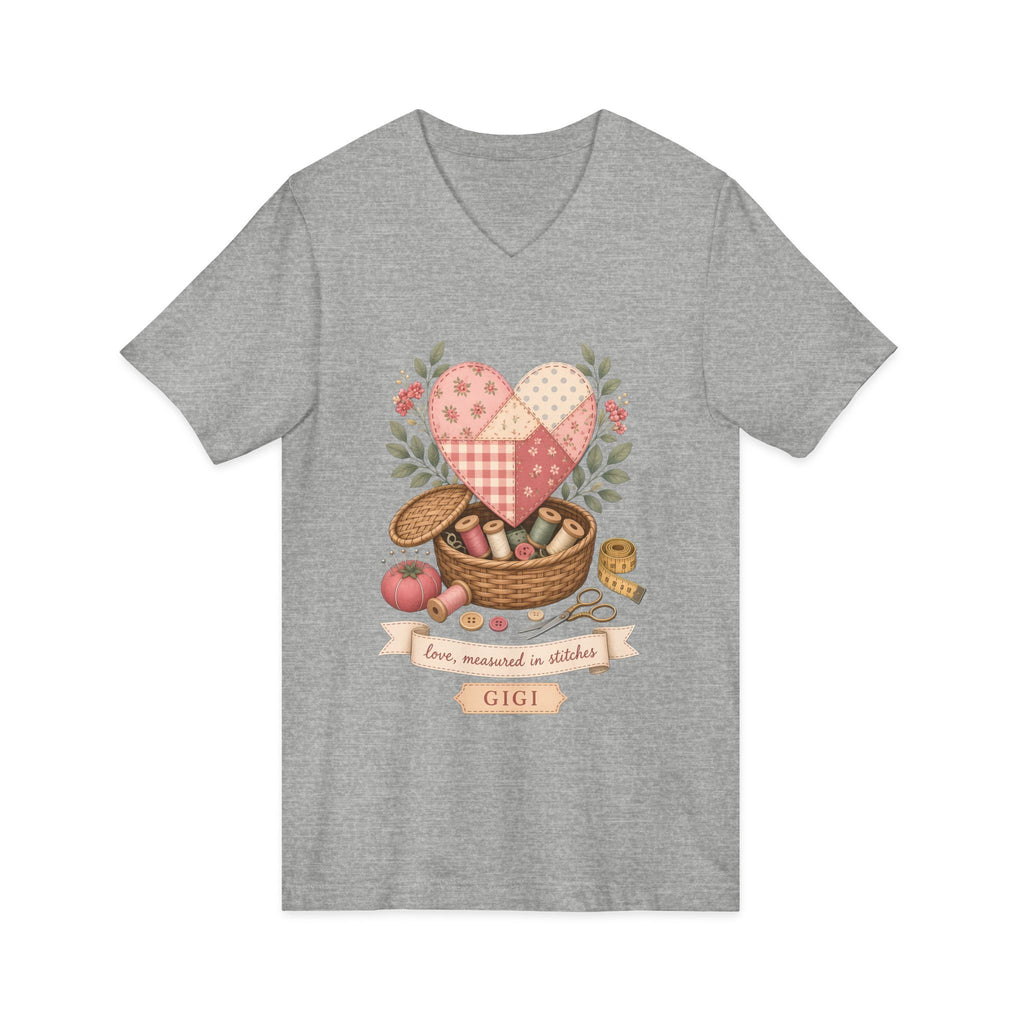 Love Measured in Stitches Gigi V-Neck Shirt, Sewing Grandma Gift, Personalized Quilting Nana Tee or Tote, Mothers Day Gift