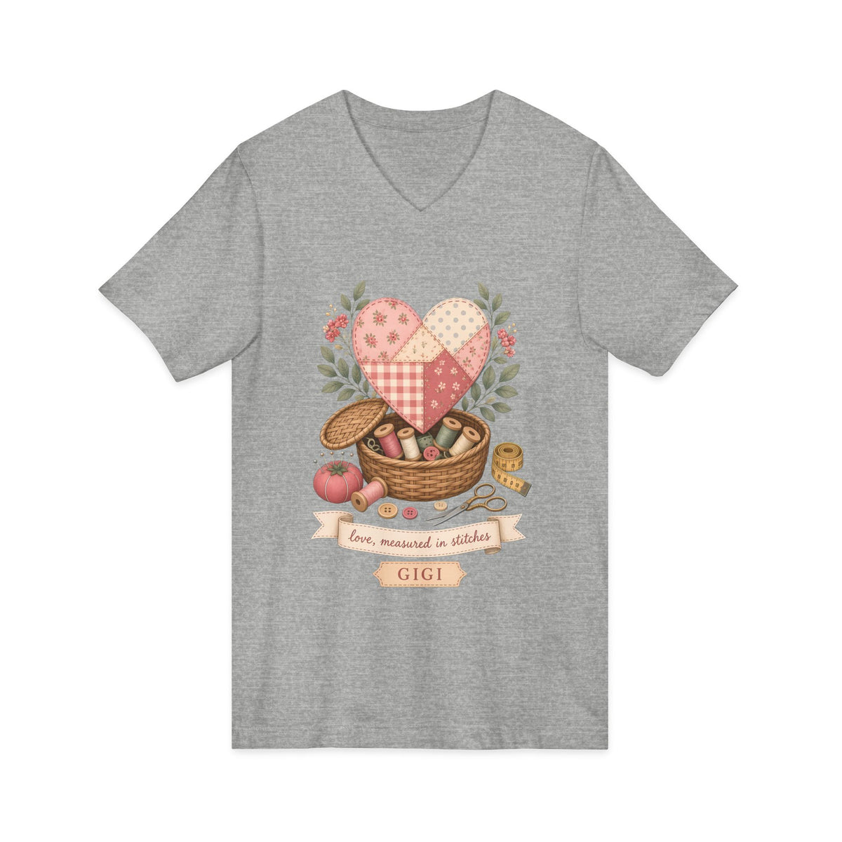 Love Measured in Stitches Gigi V-Neck Shirt, Sewing Grandma Gift, Personalized Quilting Nana Tee or Tote, Mothers Day Gift