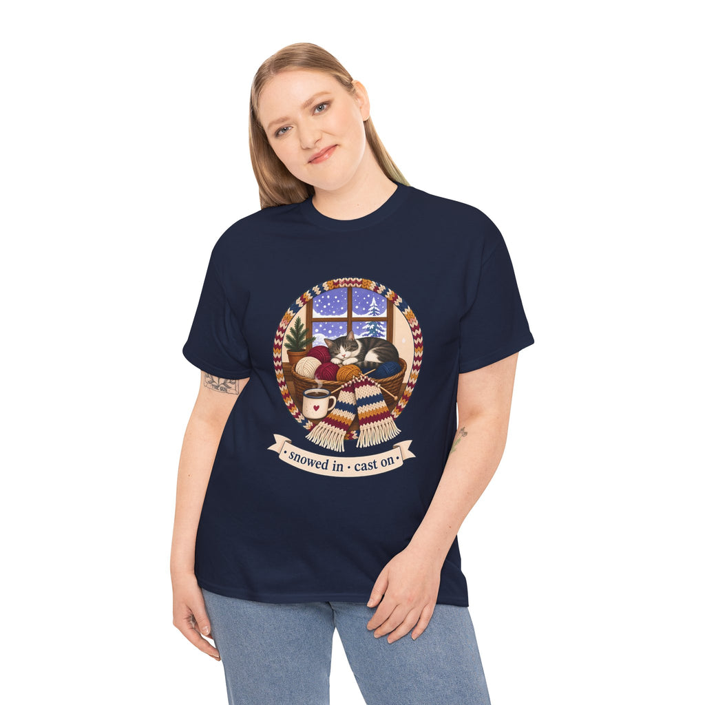 Snowed In Cast On Plus Size Tee up to 5XL, Cozy Knitting Cat Shirt, Winter Knitter Gift, Yarn Lover Gift