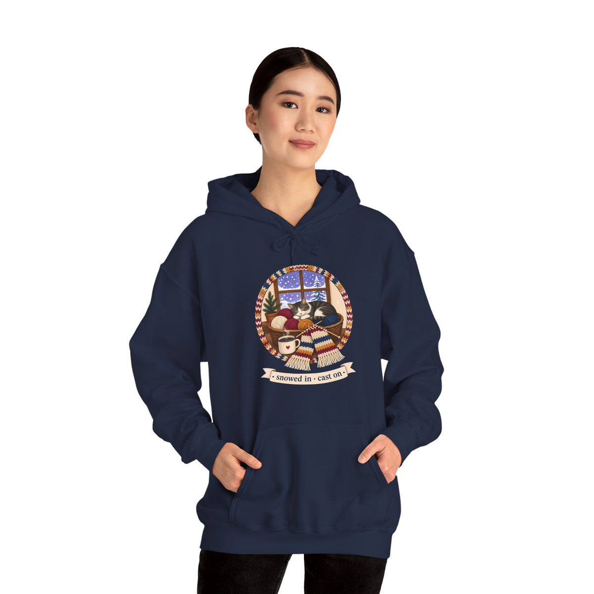 Snowed In Cast On Hoodie, Cozy Knitting Cat Hooded Sweatshirt, Winter Knitter Gift, Yarn Lover Hoodie