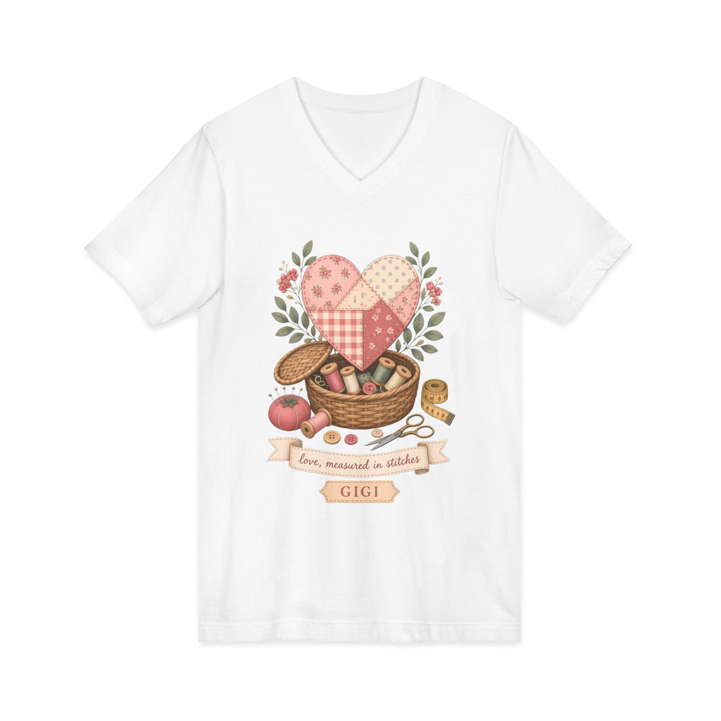 Love Measured in Stitches Gigi V-Neck Shirt, Sewing Grandma Gift, Personalized Quilting Nana Tee or Tote, Mothers Day Gift