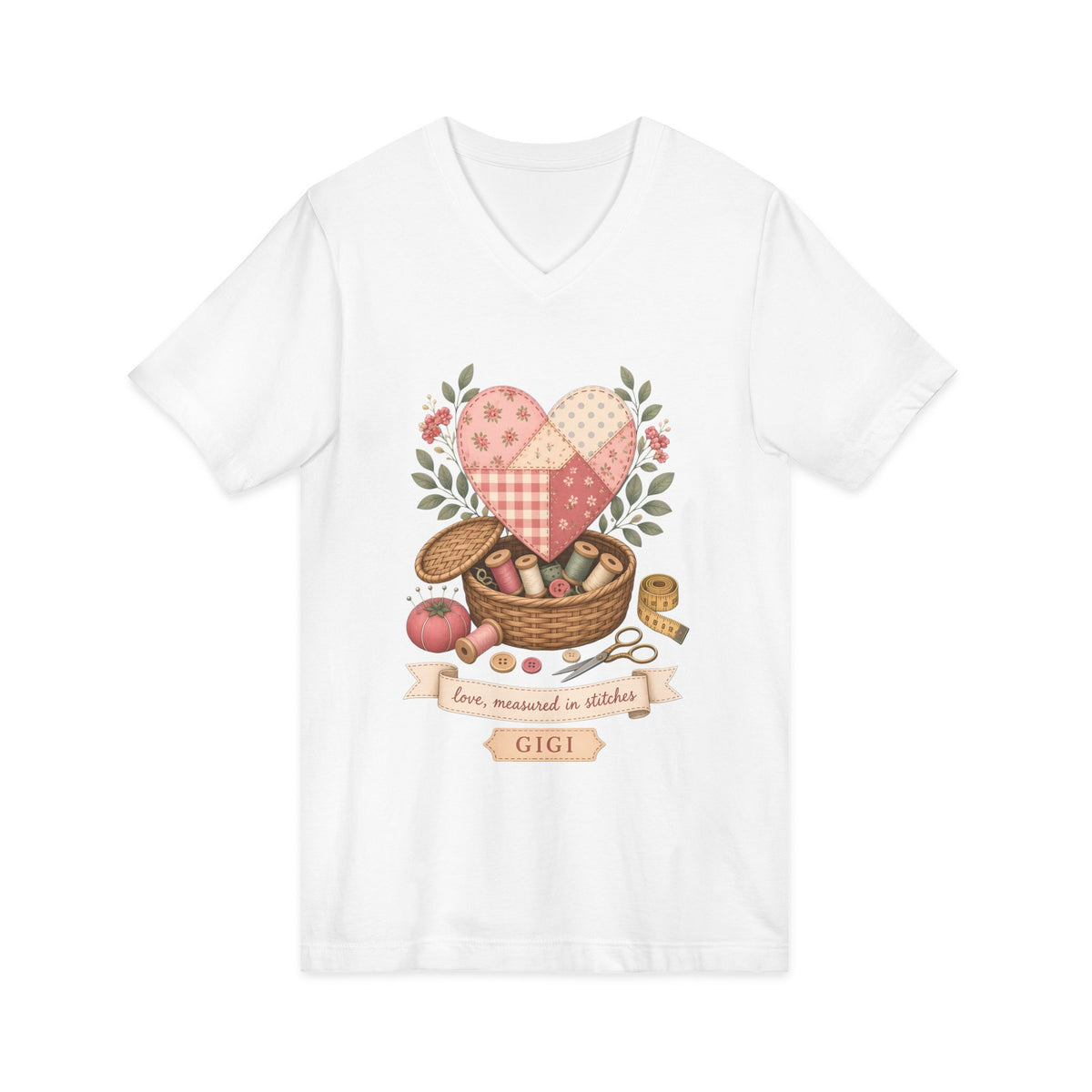 Love Measured in Stitches Gigi V-Neck Shirt, Sewing Grandma Gift, Personalized Quilting Nana Tee or Tote, Mothers Day Gift