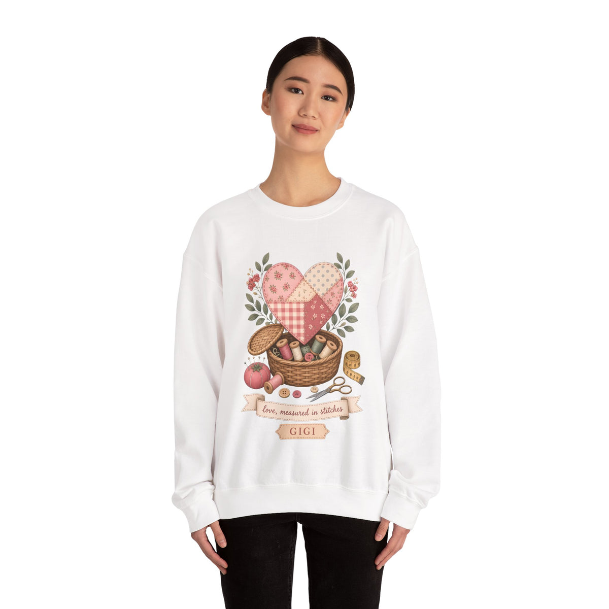 Love Measured in Stitches Gigi Sweatshirt, Sewing Grandma Gift, Personalized Quilting Nana Crewneck, Mothers Day Gift