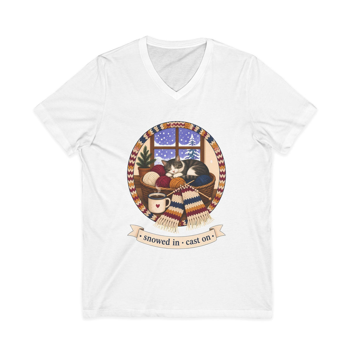 Snowed In Cast On V-Neck Tee, Cozy Knitting Cat Shirt, Winter Knitter Gift, Yarn Lover Gift or Project Tote