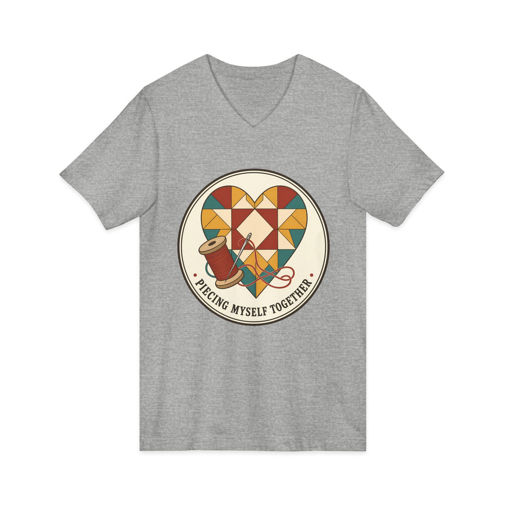 Piecing Myself Together Quilting V-Neck Shirt, Quilt Heart Badge Tee, Retro Quilter Gift, Patchwork Tote Bag