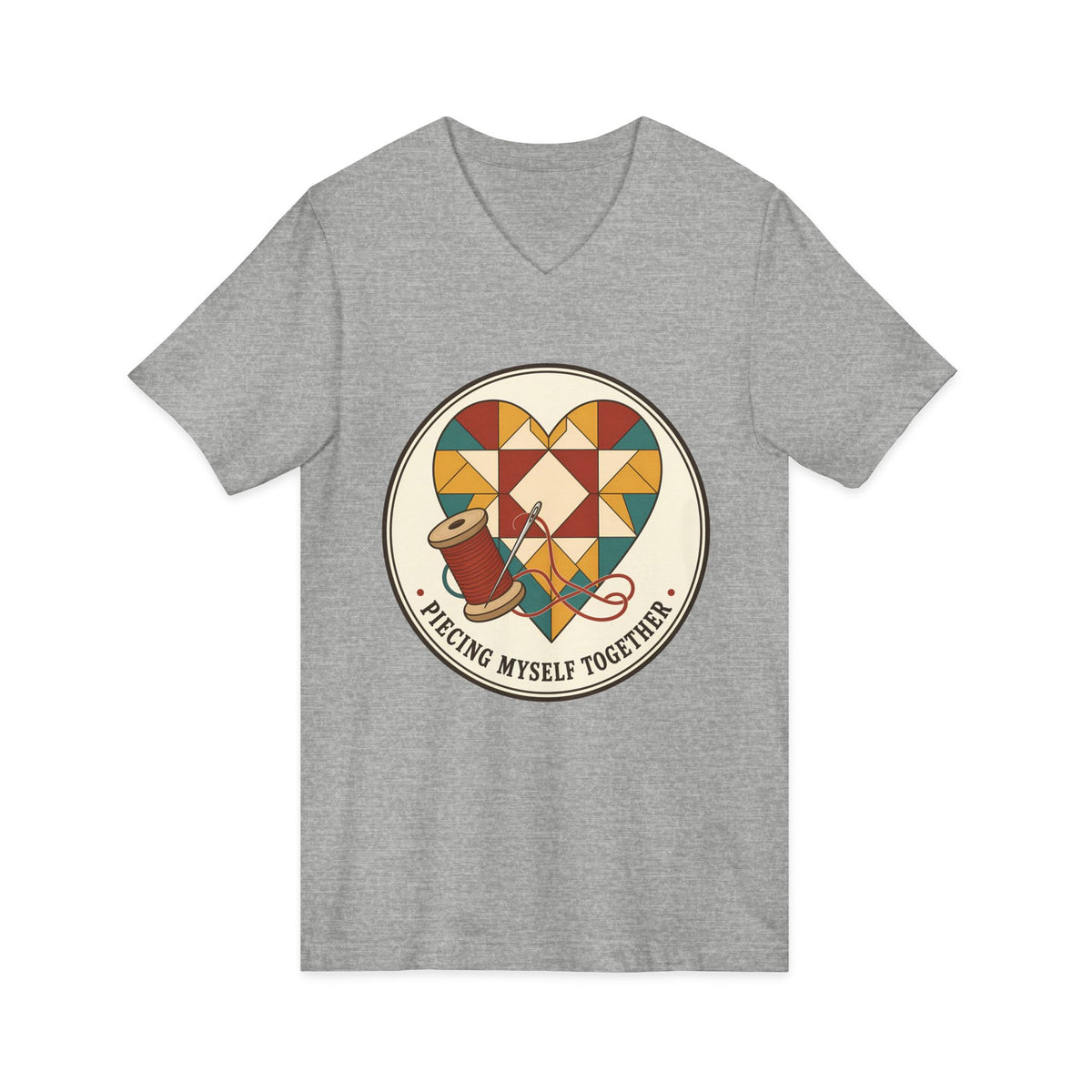 Piecing Myself Together Quilting V-Neck Shirt, Quilt Heart Badge Tee, Retro Quilter Gift, Patchwork Tote Bag