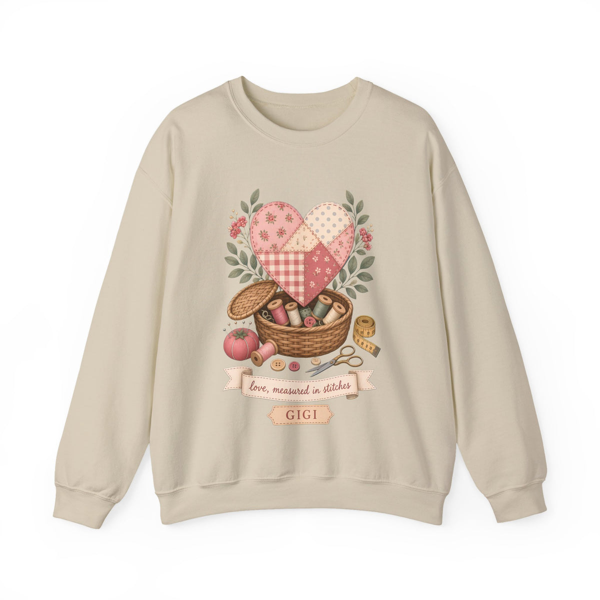 Love Measured in Stitches Gigi Sweatshirt, Sewing Grandma Gift, Personalized Quilting Nana Crewneck, Mothers Day Gift