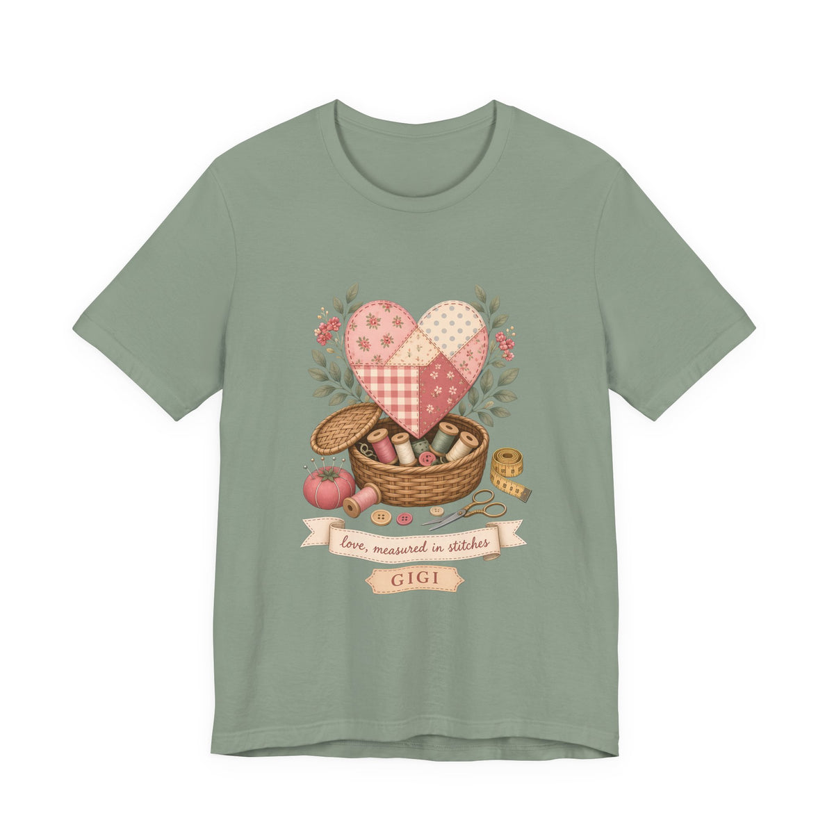 Love Measured in Stitches Gigi Shirt, Sewing Grandma Gift, Personalized Quilting Nana Tee or Tote, Mothers Day Gift
