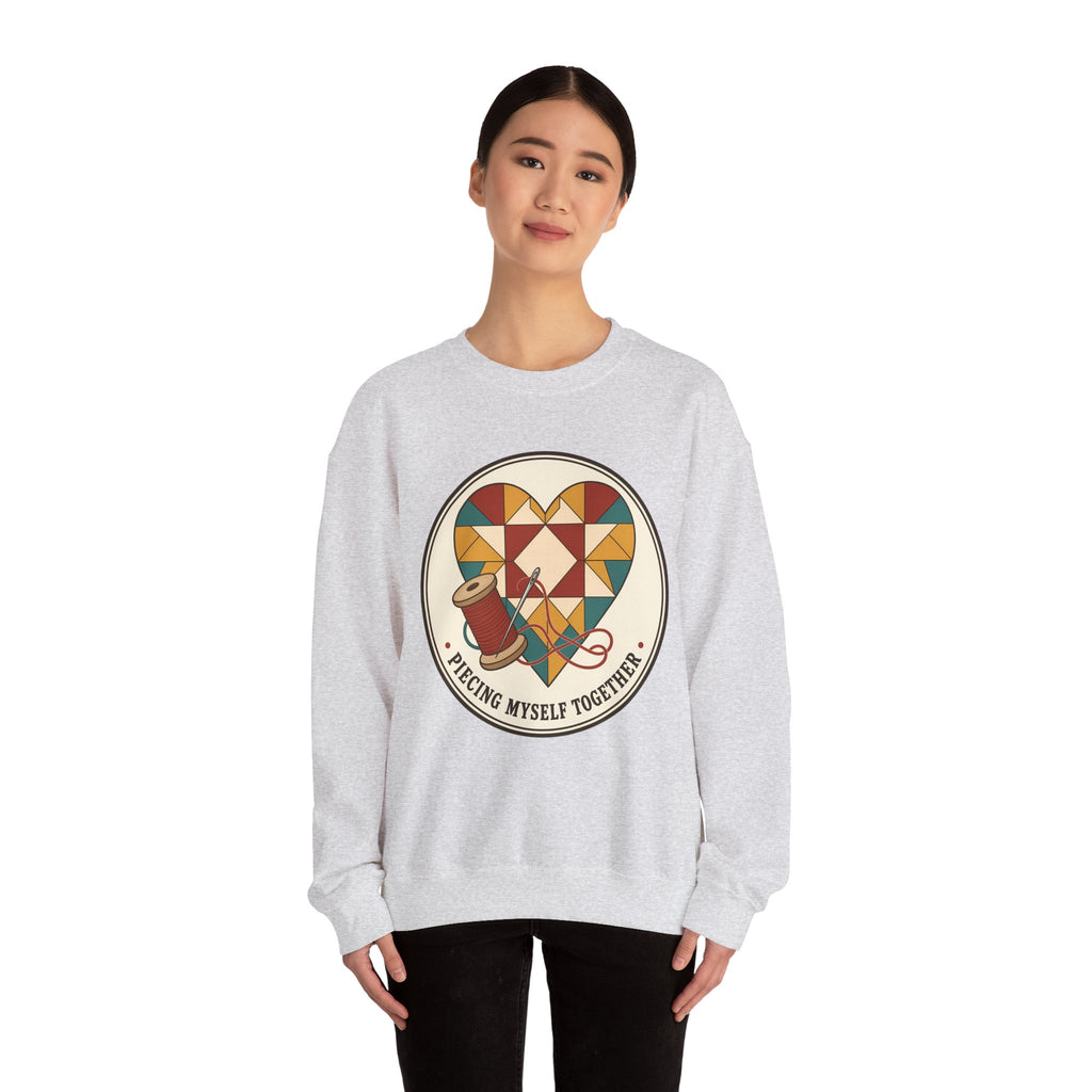 Piecing Myself Together Quilting Sweatshirt, Quilt Heart Badge Crewneck, Retro Quilter Gift, Patchwork Lover Sweater