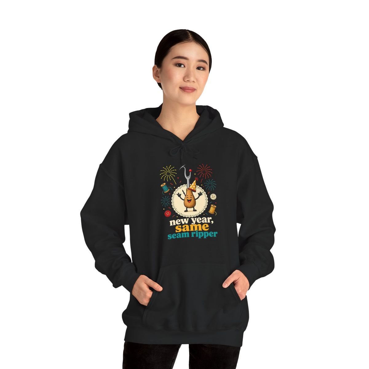 New Year Same Seam Ripper Hoodie, Funny Sewing New Years Hooded Sweatshirt, Quilter Humor Gift, Sewist Party Hoodie