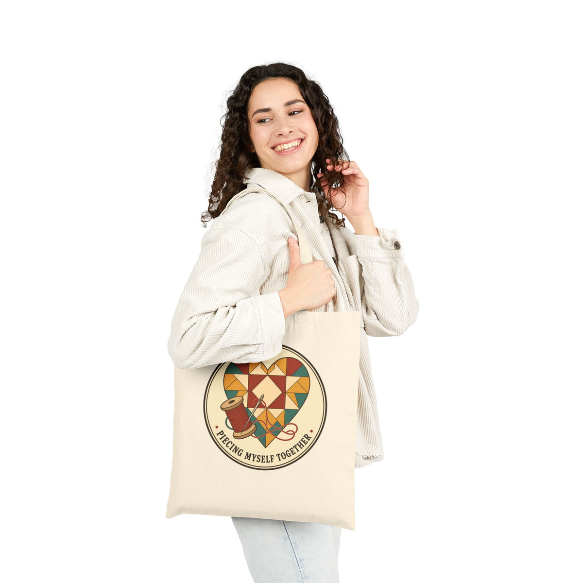 Piecing Myself Together Quilting Tote Bag, Quilt Heart Badge Craft Tote Bag, Retro Quilter Gift, Patchwork Project Bag