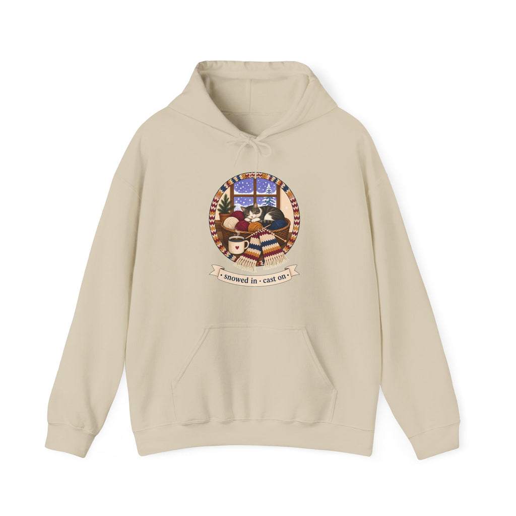 Snowed In Cast On Hoodie, Cozy Knitting Cat Hooded Sweatshirt, Winter Knitter Gift, Yarn Lover Hoodie