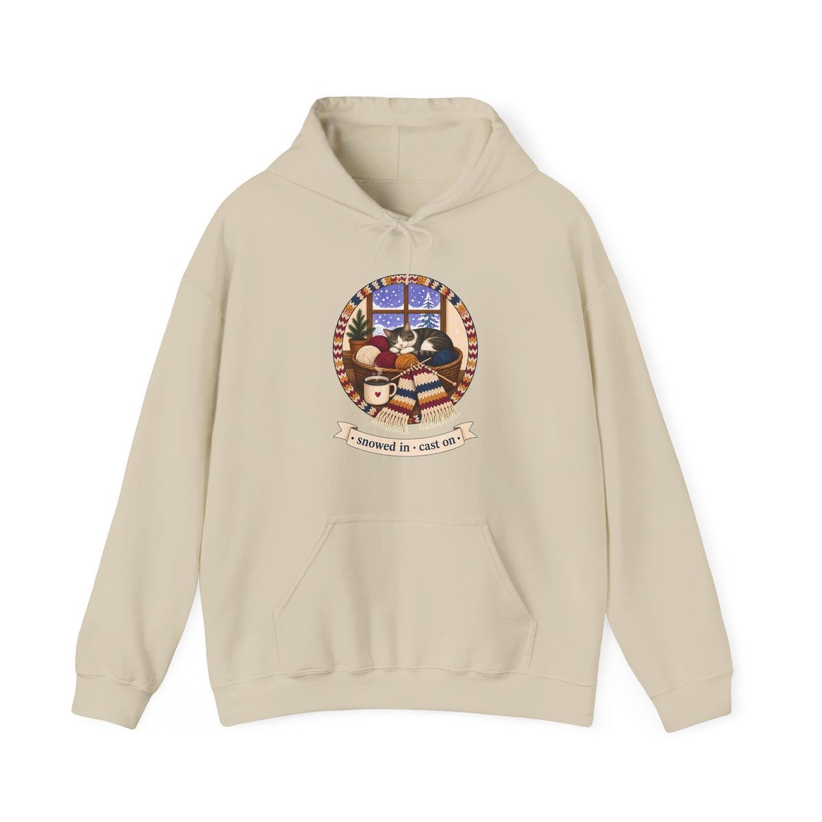 Snowed In Cast On Hoodie, Cozy Knitting Cat Hooded Sweatshirt, Winter Knitter Gift, Yarn Lover Hoodie