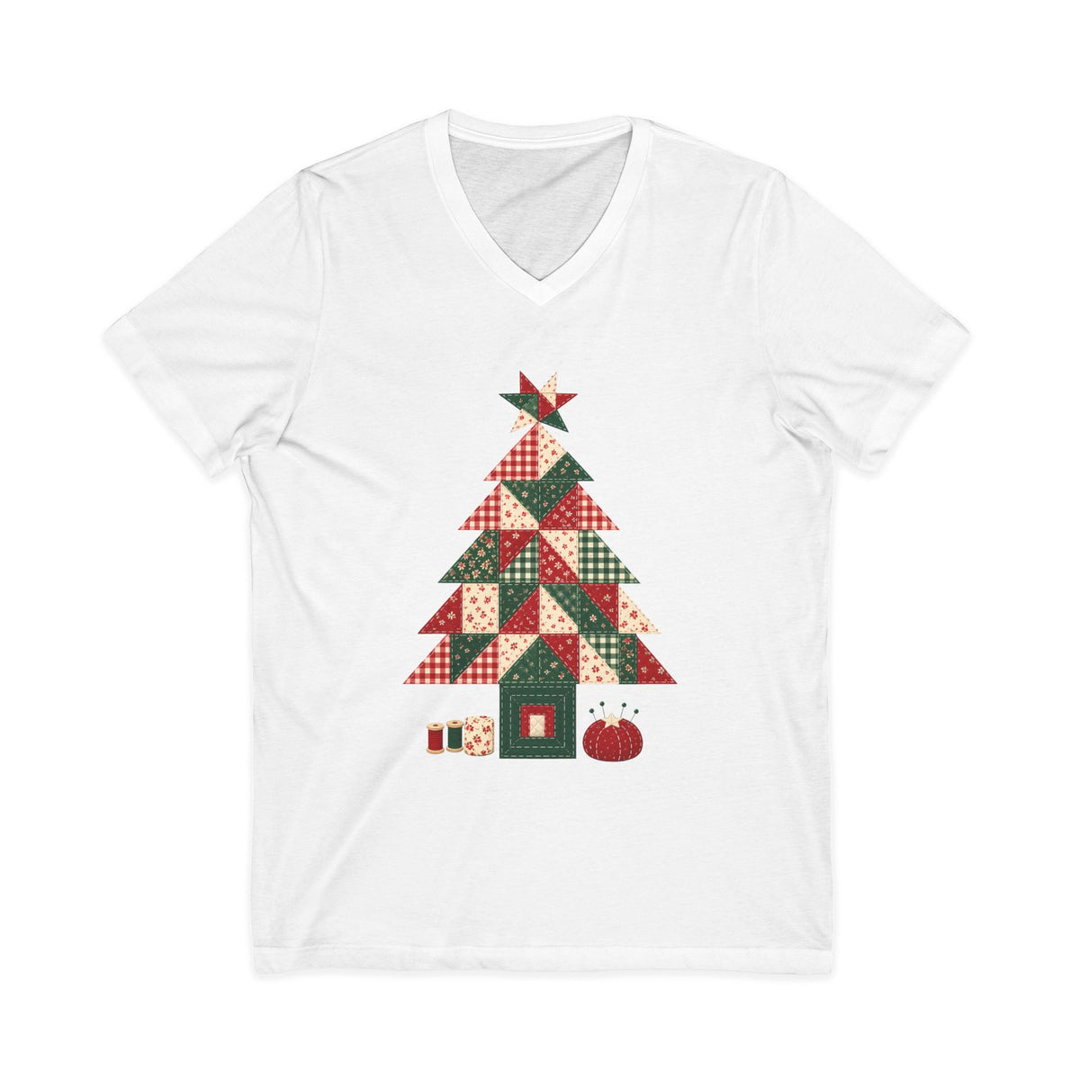 Quilt Block Christmas Tree V-Neck Shirt, Patchwork Quilter Holiday Tee or Tote, Gift for Quilters, Sewing Christmas Sweatshirt
