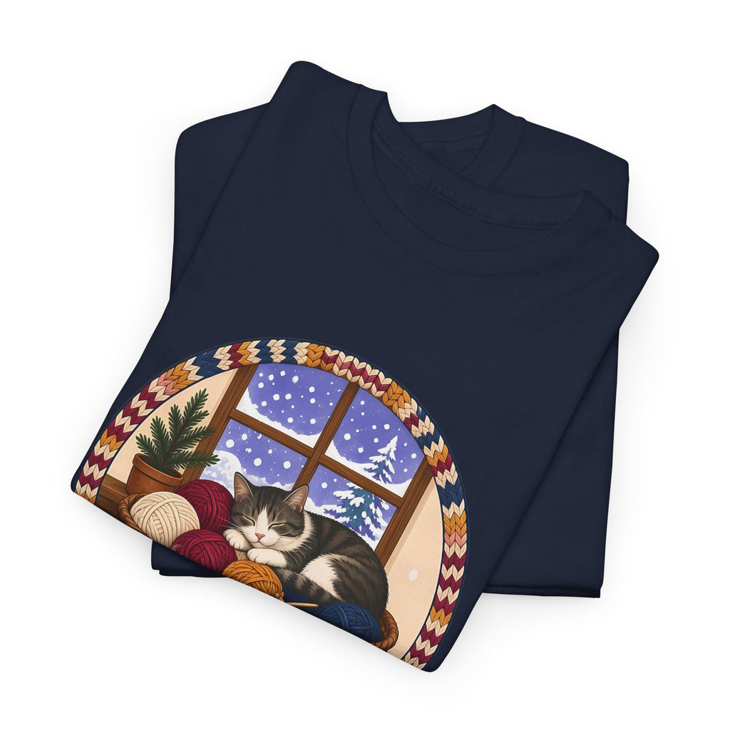 Snowed In Cast On Plus Size Tee up to 5XL, Cozy Knitting Cat Shirt, Winter Knitter Gift, Yarn Lover Gift