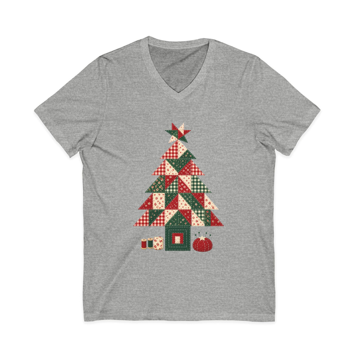 Quilt Block Christmas Tree V-Neck Shirt, Patchwork Quilter Holiday Tee or Tote, Gift for Quilters, Sewing Christmas Sweatshirt