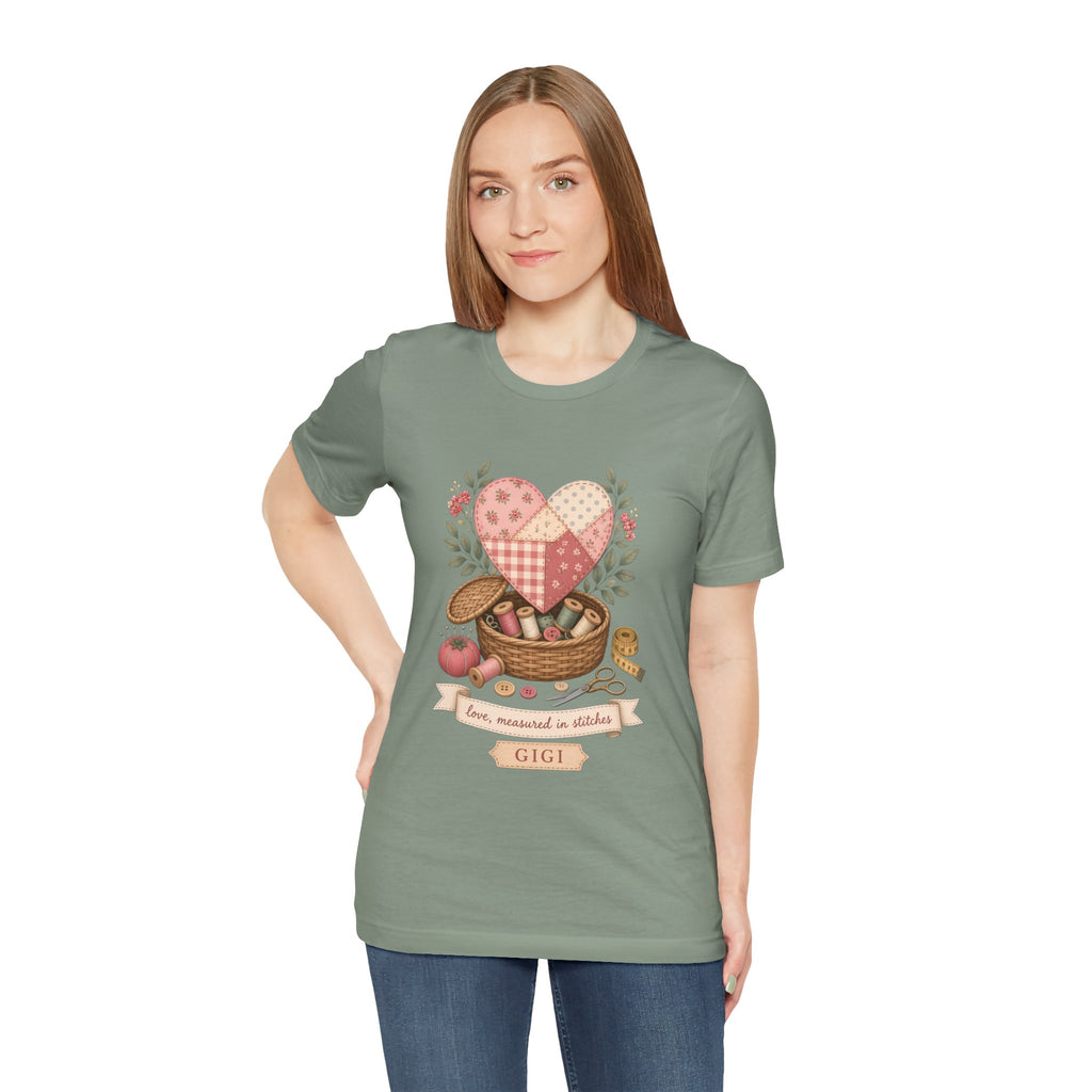 Love Measured in Stitches Gigi Shirt, Sewing Grandma Gift, Personalized Quilting Nana Tee or Tote, Mothers Day Gift