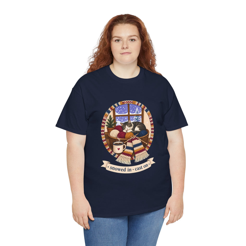 Snowed In Cast On Plus Size Tee up to 5XL, Cozy Knitting Cat Shirt, Winter Knitter Gift, Yarn Lover Gift