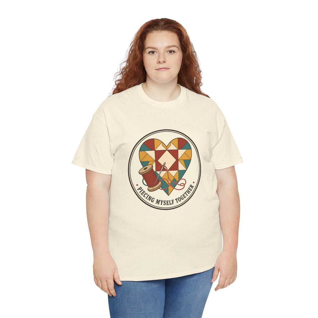 Piecing Myself Together Quilting Plus Size Tee up to 5XL, Quilt Heart Badge Shirt, Retro Quilter Gift, Patchwork Lover