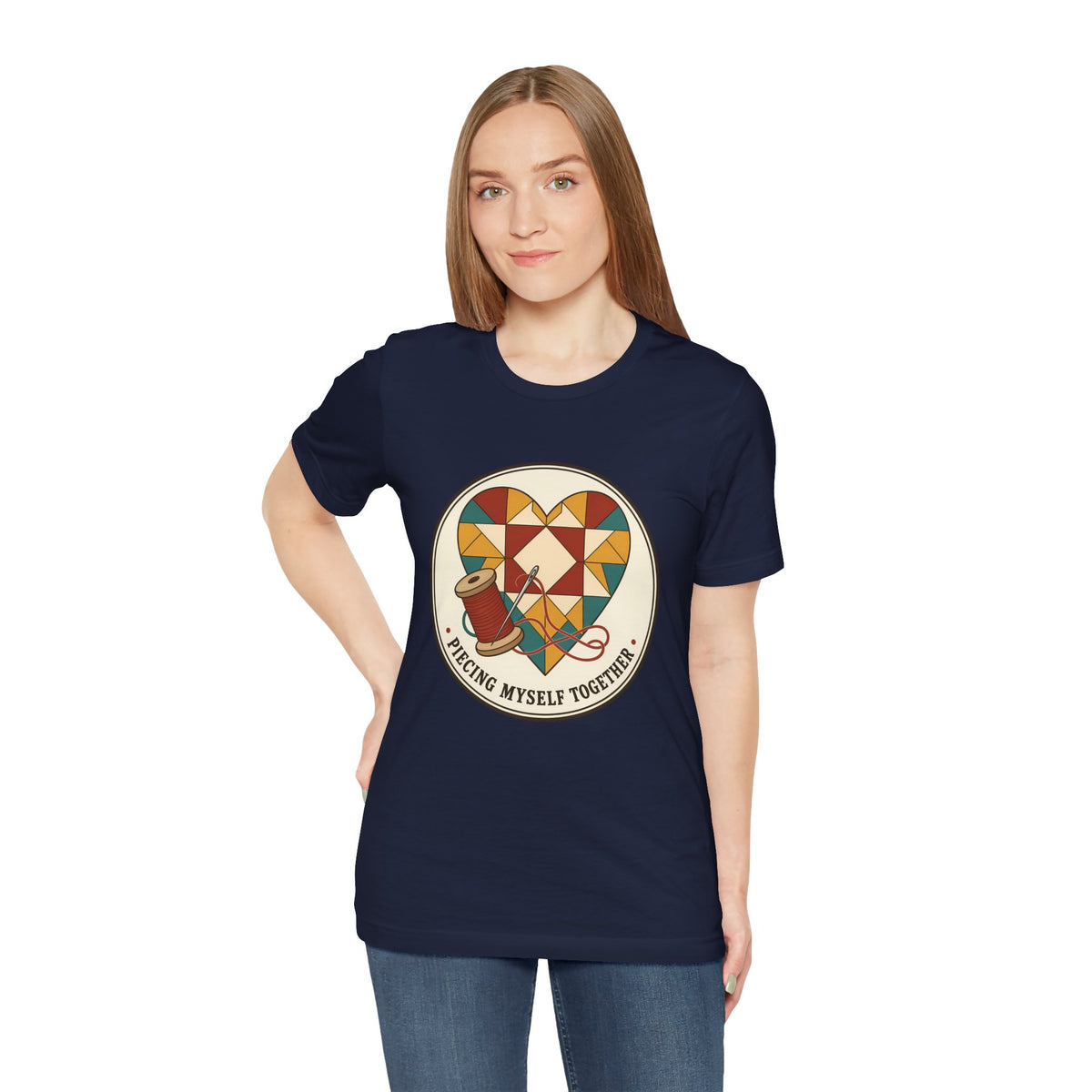 Piecing Myself Together Quilting Shirt, Quilt Heart Badge Tee, Retro Quilter Gift, Patchwork Tote Bag