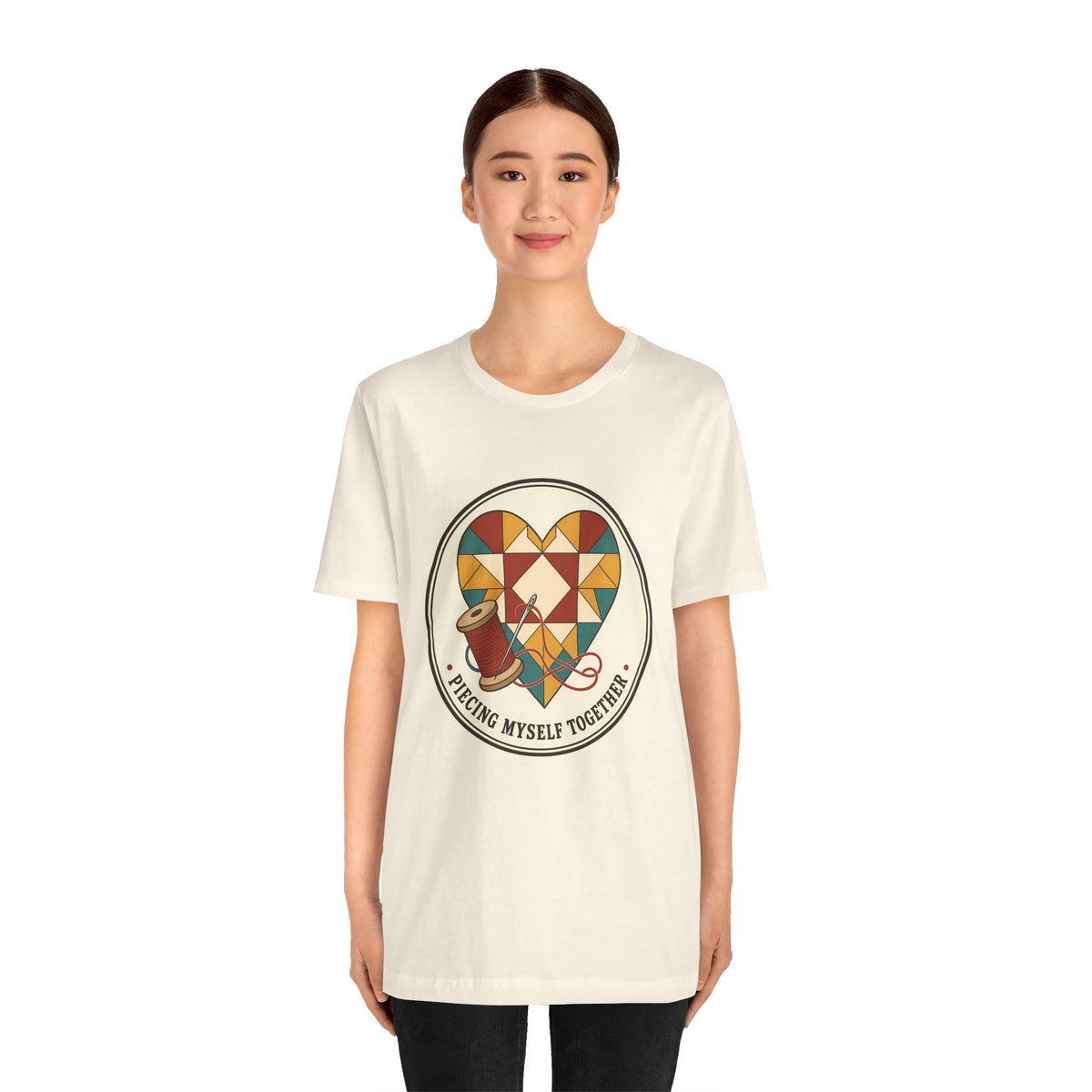 Piecing Myself Together Quilting Shirt, Quilt Heart Badge Tee, Retro Quilter Gift, Patchwork Tote Bag