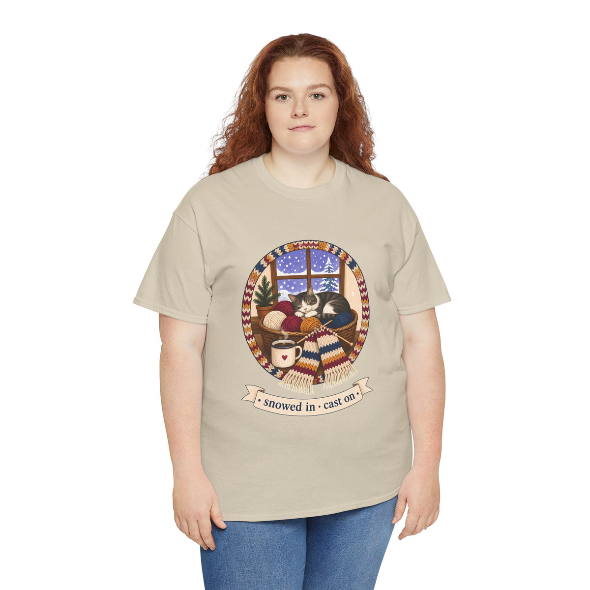 Snowed In Cast On Plus Size Tee up to 5XL, Cozy Knitting Cat Shirt, Winter Knitter Gift, Yarn Lover Gift