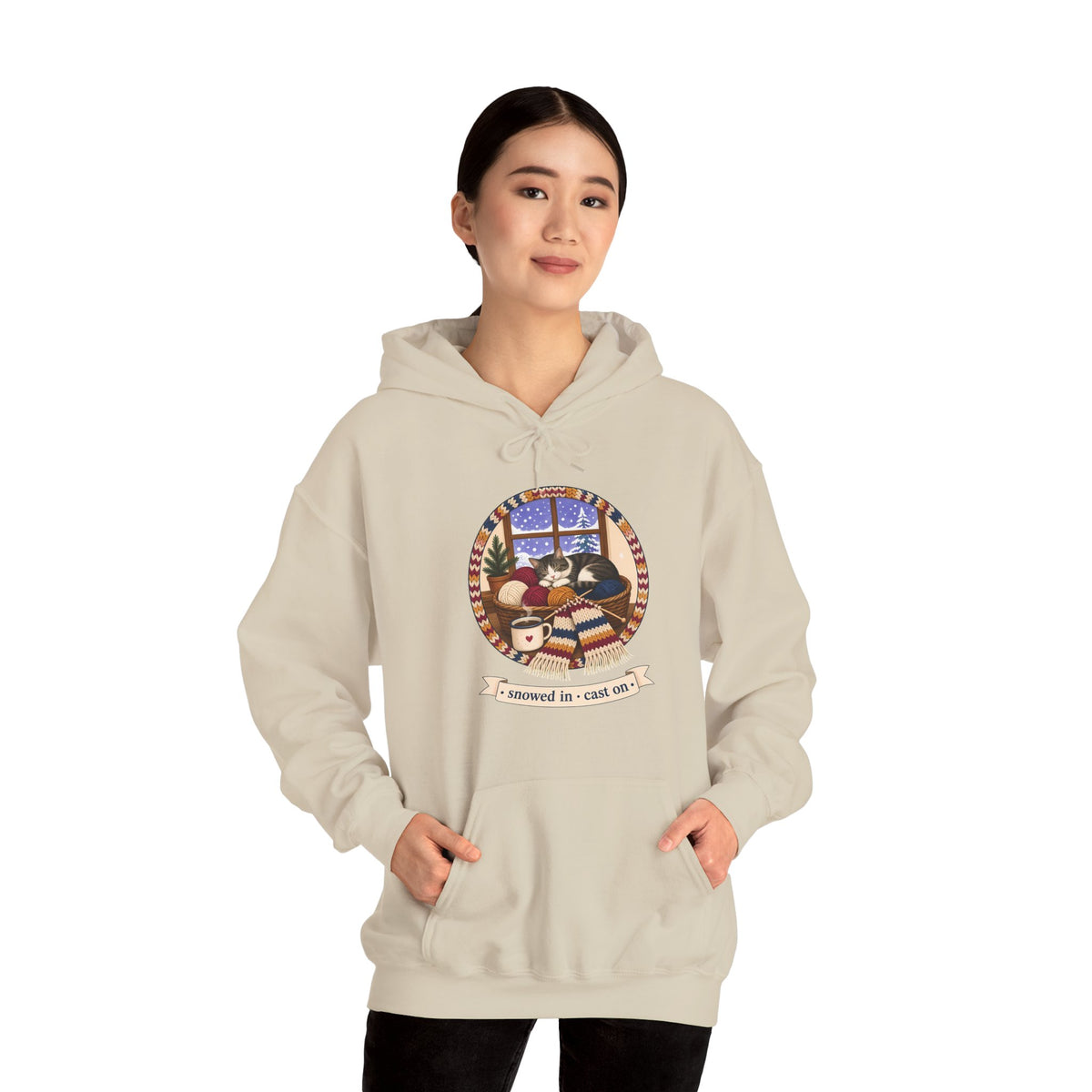 Snowed In Cast On Hoodie, Cozy Knitting Cat Hooded Sweatshirt, Winter Knitter Gift, Yarn Lover Hoodie