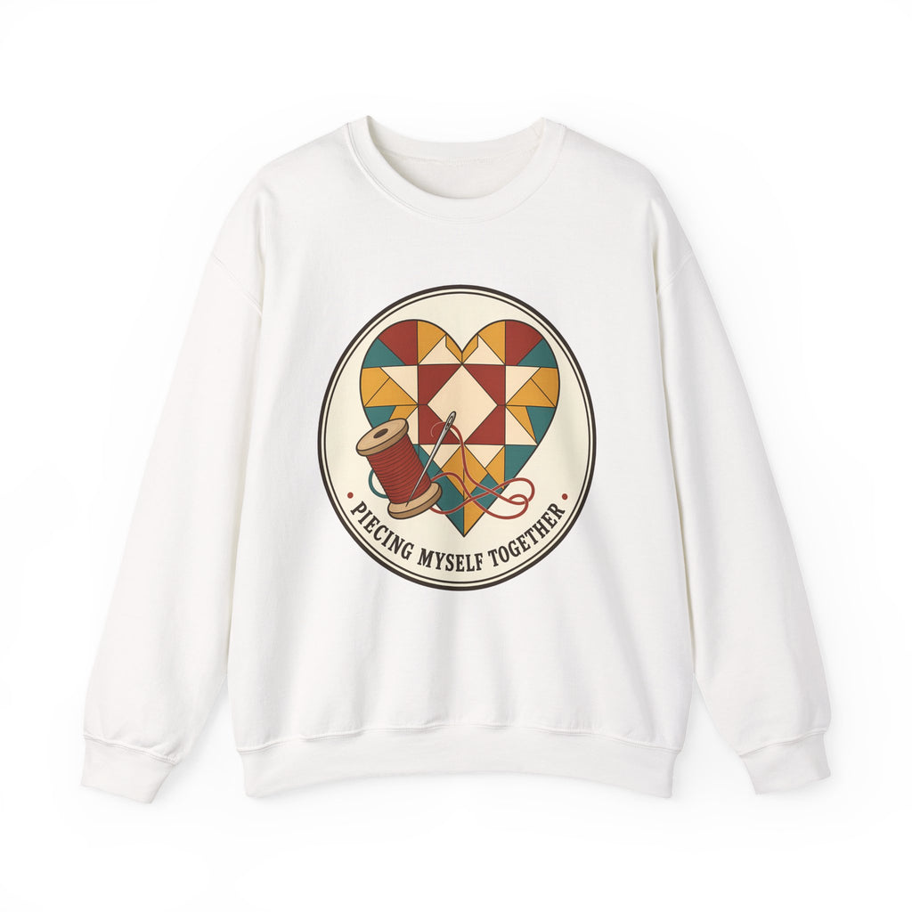 Piecing Myself Together Quilting Sweatshirt, Quilt Heart Badge Crewneck, Retro Quilter Gift, Patchwork Lover Sweater