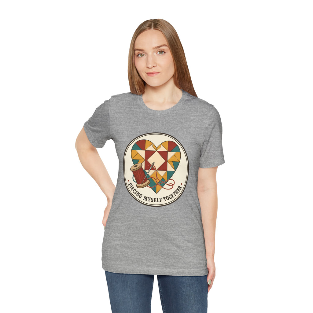 Piecing Myself Together Quilting Shirt, Quilt Heart Badge Tee, Retro Quilter Gift, Patchwork Tote Bag