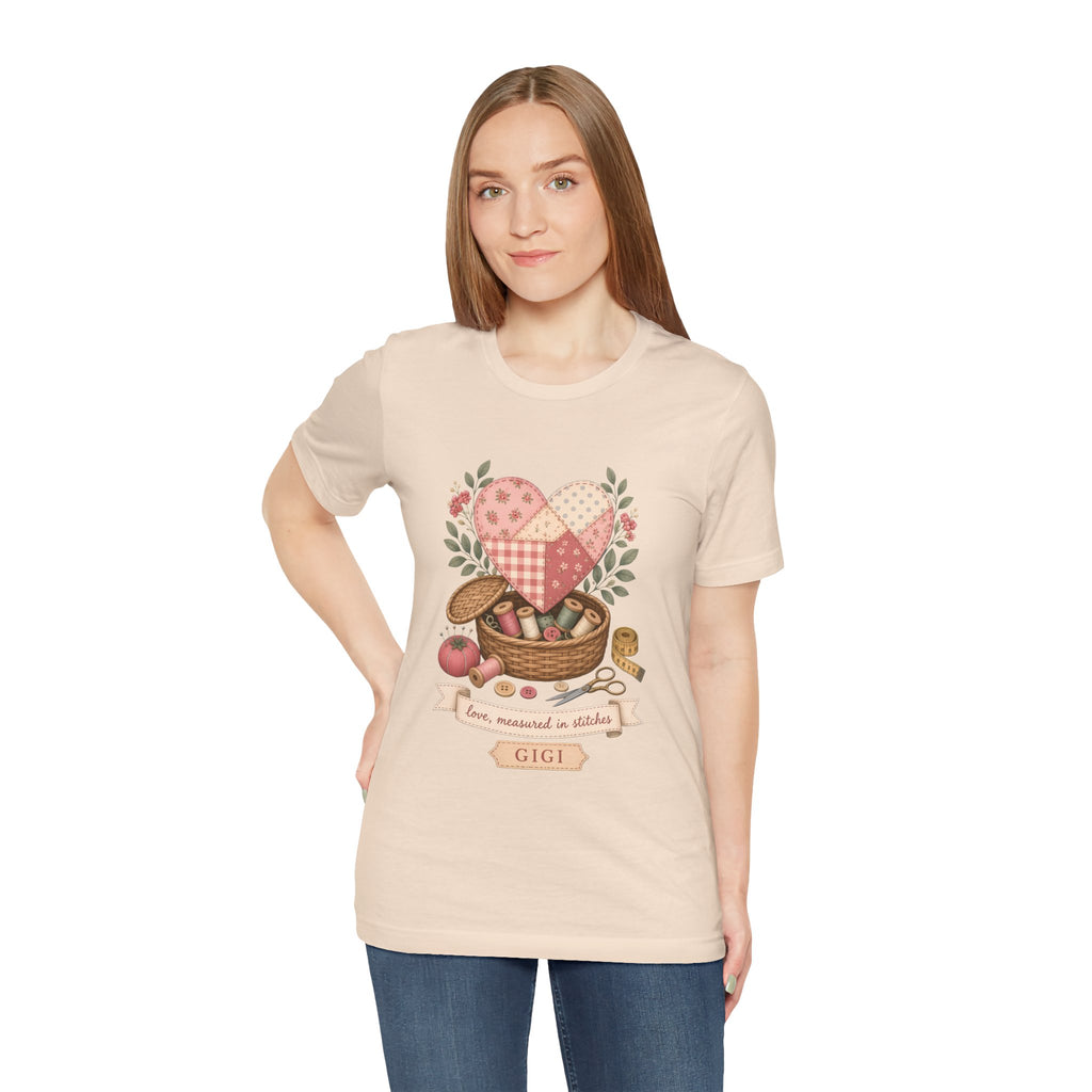 Love Measured in Stitches Gigi Shirt, Sewing Grandma Gift, Personalized Quilting Nana Tee or Tote, Mothers Day Gift