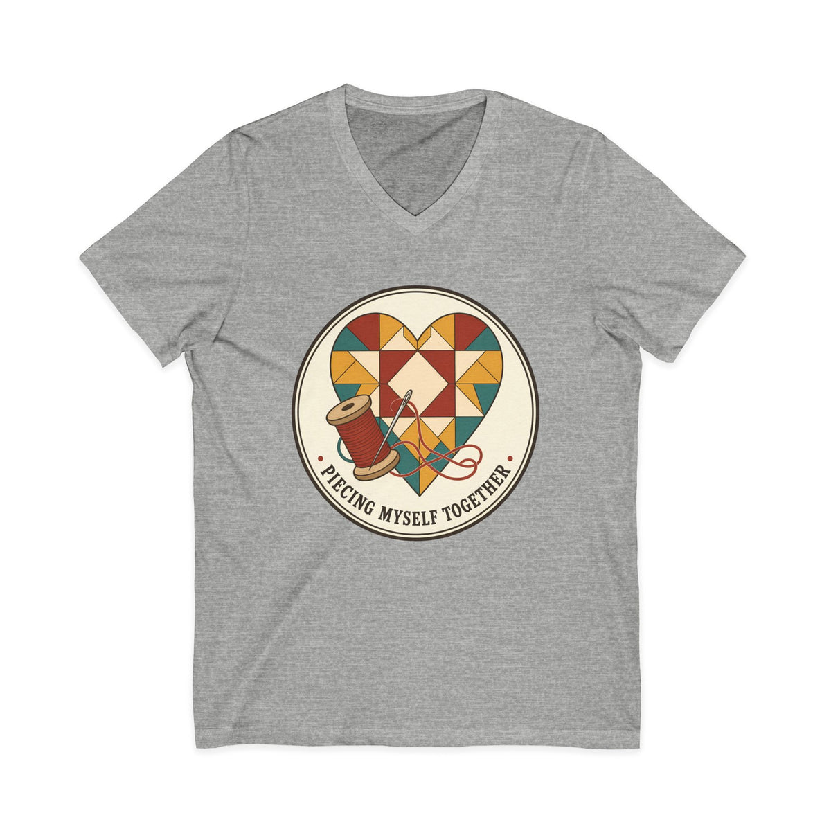 Piecing Myself Together Quilting V-Neck Shirt, Quilt Heart Badge Tee, Retro Quilter Gift, Patchwork Tote Bag