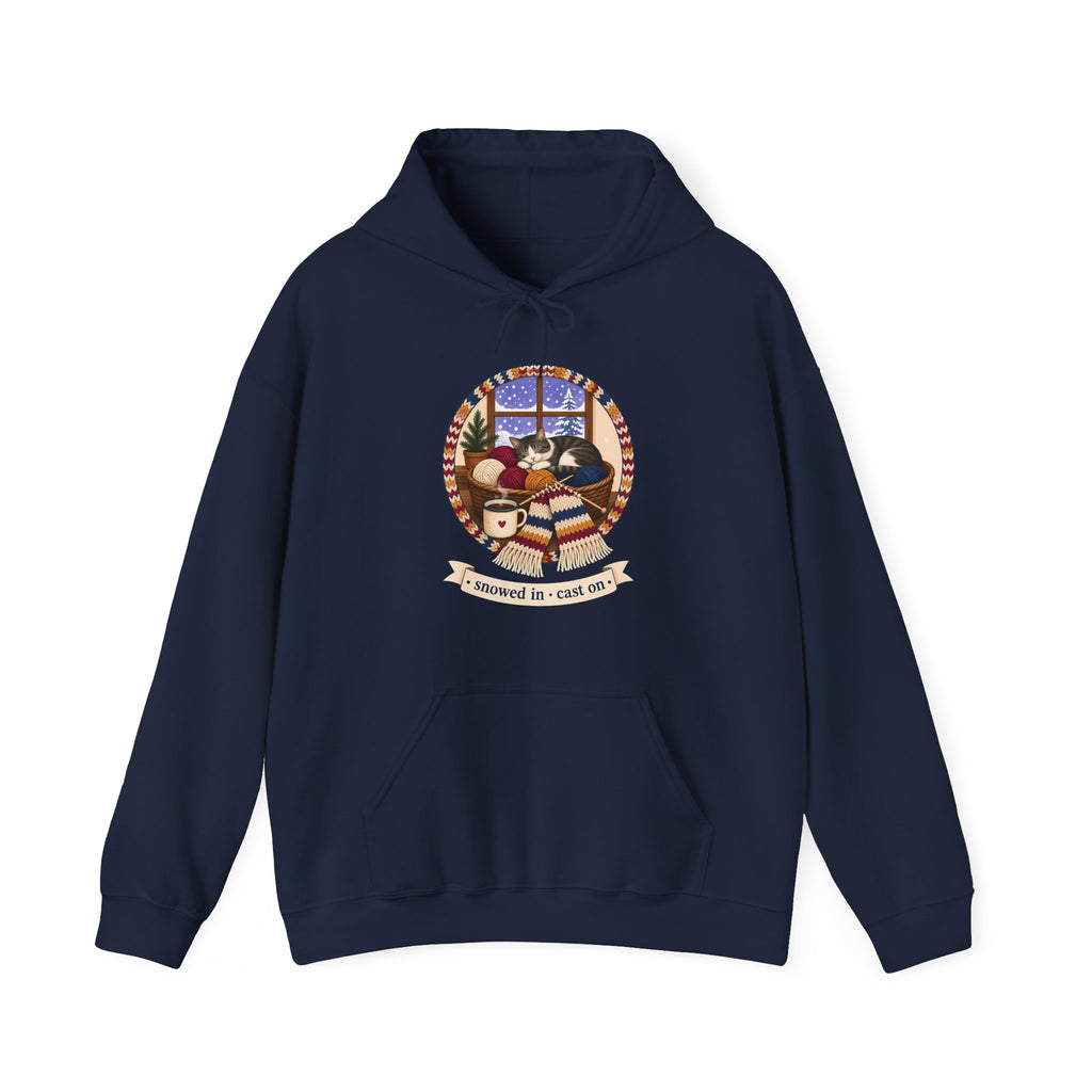 Snowed In Cast On Hoodie, Cozy Knitting Cat Hooded Sweatshirt, Winter Knitter Gift, Yarn Lover Hoodie