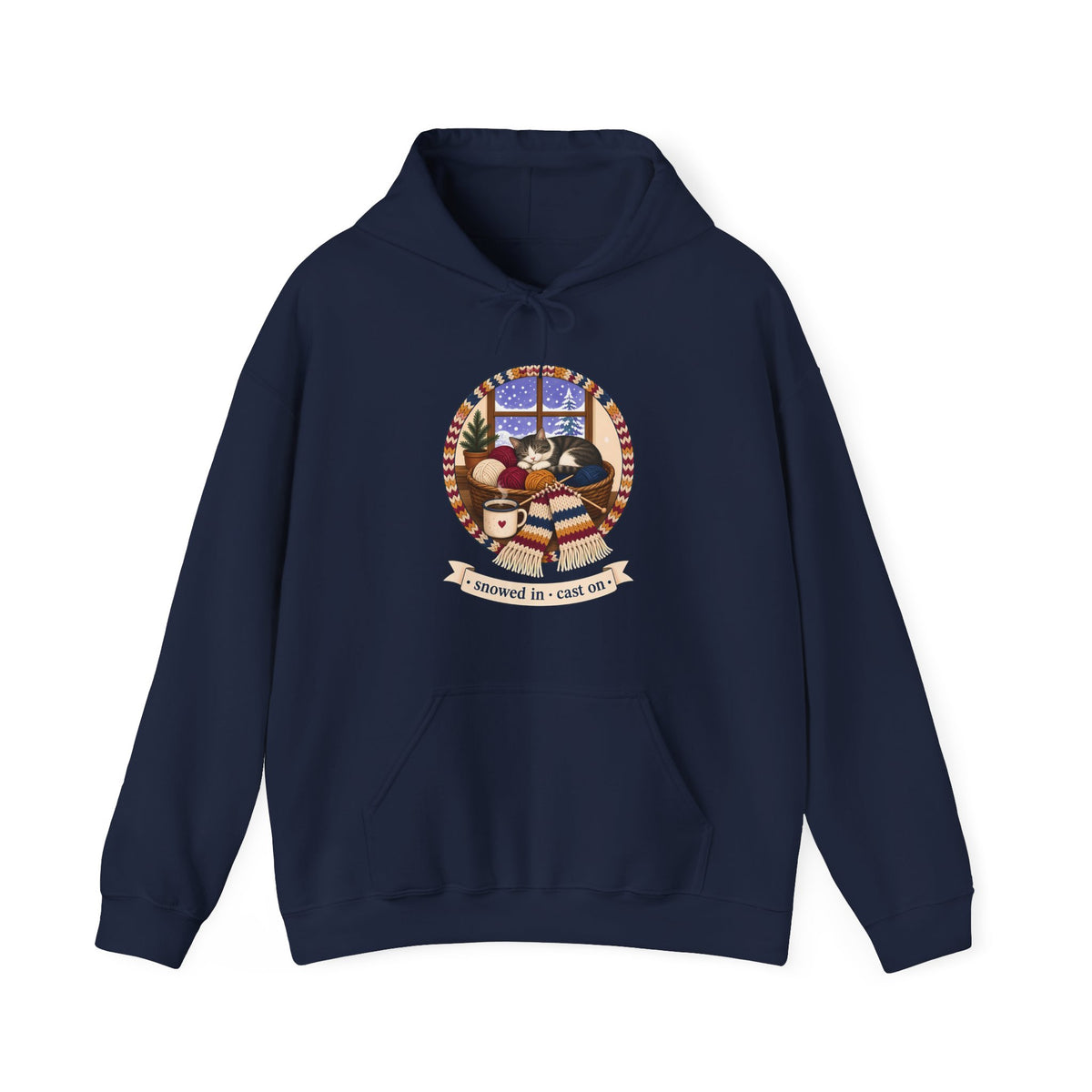 Snowed In Cast On Hoodie, Cozy Knitting Cat Hooded Sweatshirt, Winter Knitter Gift, Yarn Lover Hoodie