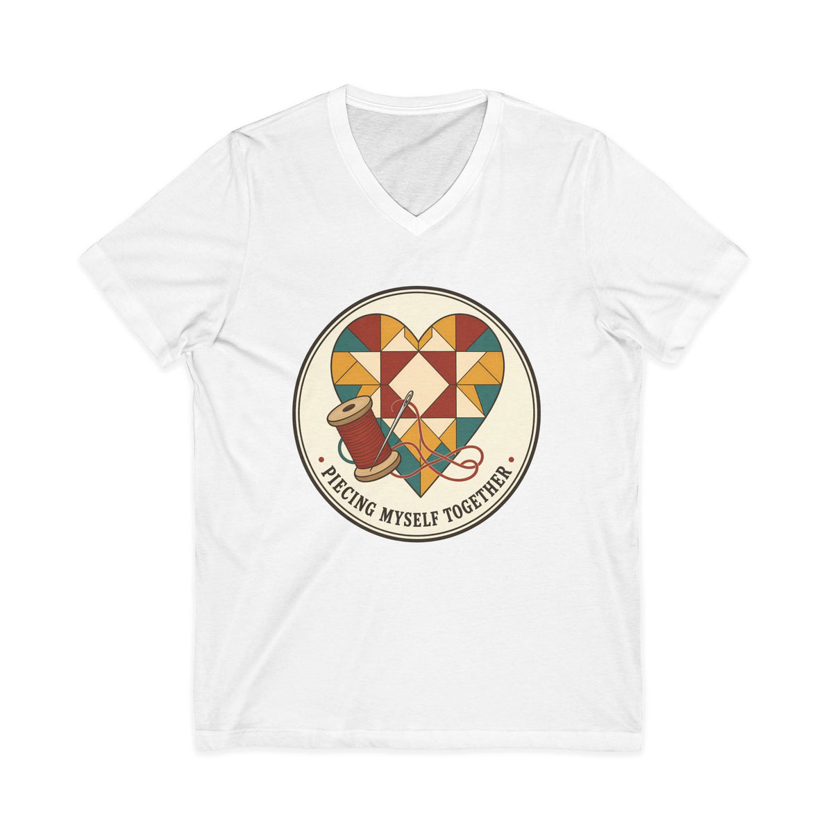 Piecing Myself Together Quilting V-Neck Shirt, Quilt Heart Badge Tee, Retro Quilter Gift, Patchwork Tote Bag